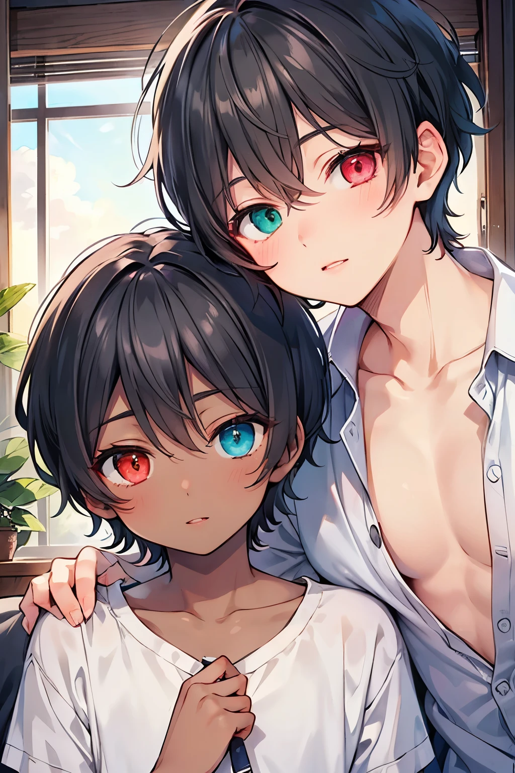 black hair,((very short hair:1.25)), heterochromia ,Beautiful Boy, skinny,lips,((1-boy :1.25)),((gay:1.1)),(Good morning:1.0), happy expression ,おはよう☀️, sleeping hair,((dark skin body:1.15)),