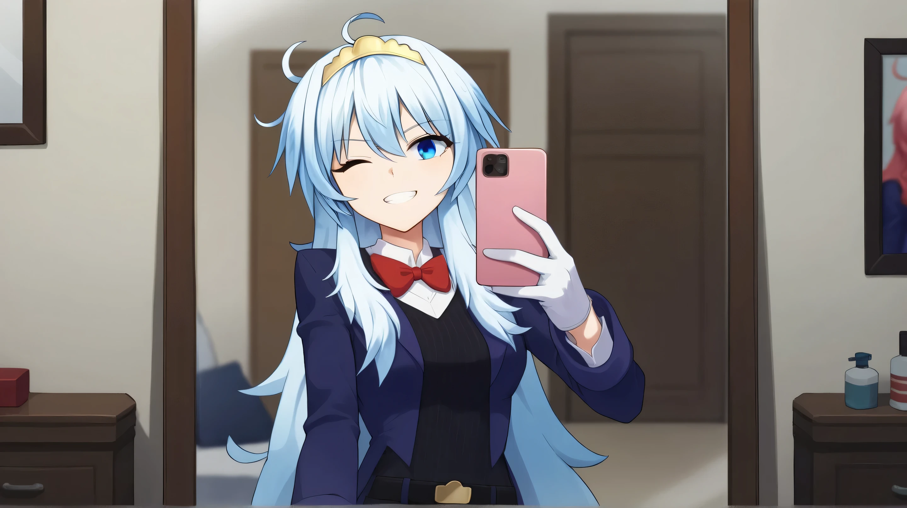 score_9, score_8_ upwards, score_7_ upwards,  eastnik_anime, One,  1girl, mirabelle , smirk,  looks at the viewer, selfie,  with phone ,  white hair, ahoge, a tiara,  blue eyes ,  one eye closed , blue jacket,  long sleeves ,  black swimsuit,  white shirt, red bow,  white gloves, Blue pants, belt,  indoor skirt, mirror,solo,1girl,(absolutely naked 2:0)