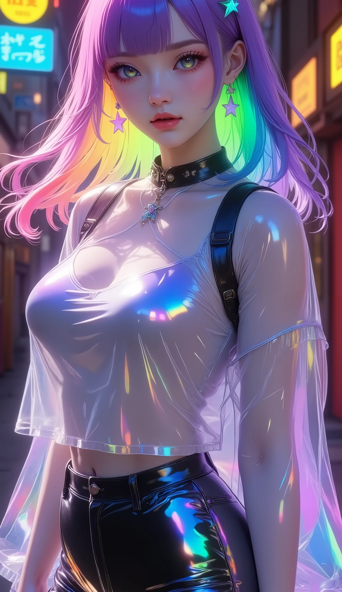 rave girl,(((1girl))),((girl with extremely cute and beautiful hair)),((Asian features)), (big breasts: 1.5 (((neon white dark hair: 1.55, wild hair, long hair: 2.1, colored inner hair, breathing in the ears))), (((neon Blue_eyes: 1, 7))), intricate eyes, beautiful detailed eyes, symmetrical eyes, slanted eyes: 15,((((skin shiny: 1.8, shiny skin: 1.8, shiny skin, very shiny skin, shiny body, plastic shiny skin, exaggerated shiny skin, shiny skin ,elf ears, wet legs))),(spider lower abdomen, narrow waist, five fingers, perfect hands, athletic body, detailed body, (((detailed face))), cute, slutty, seductive, erotic, (((nsfw))), zettai ryouiki, revealing clothes, skin show, (transparent shirt),((jewelry)), ((wet clothes, complex clothes, complex clothes)),(((sideboob))), cyberpunk city at seaside at night with glowing signs, neon lights and dark storm clouds and puddles, scenery: 1.25, night, starry night, cosmos, very dark night that highlights neon lights, very bright neon lights, artistic photography , (photo taken by sldr), high resolution, sharp focus, (ultra detailed, extremely detailed), art (photorealistic): 1.37), (extremely detailed Unit CG 8k wallpaper), ((synthwave background theme) ), (((vibrant colors))), intricate, (intricate background), (masterpiece), (best quality), perfect rendered face, perfect face details, realistic face, realistic photo, analog style, ((details intricate)), (((realism)) )
