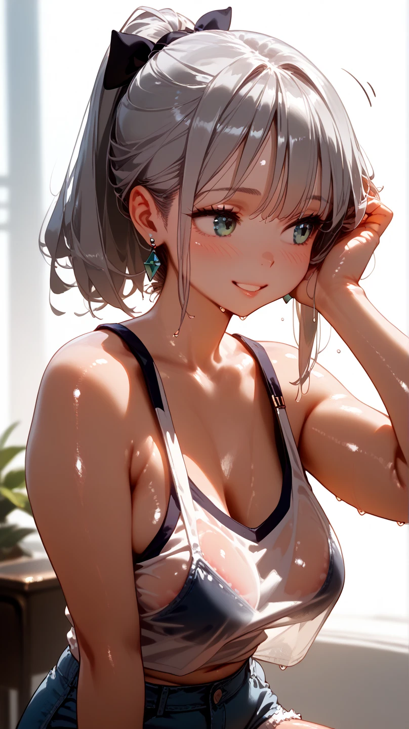 crawl on all fours、crawl on all fours、swimsuit、Cute Swimsuit、Random erotic poses、Light silver-brown hair、Semi-long hair、Blushing、lipstick、Perfect hands、Detailed hands、Poolサイド、Pool、one-piece swimsuit, strap slip、backwards、、backwards