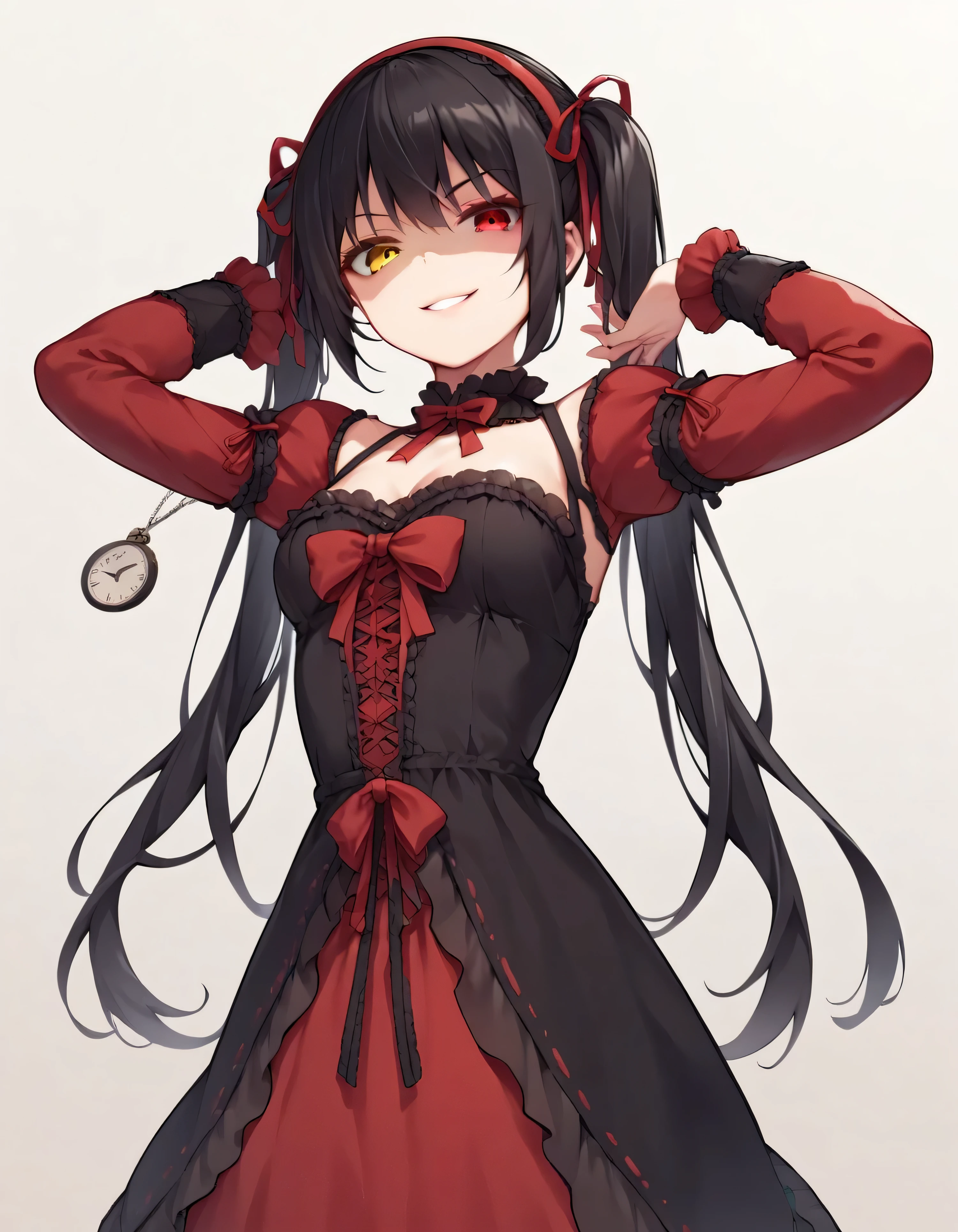 Tokisaki Kurumi, ridiculous , 1 girl, raise arms, black dress , black hair, bow, chest, Clock Eye, cowboy shooting, detachable sleeves, dress , dress bow, Hair Band , heterochromia , long hair, long sleeve , stares at viewers, medium chest, colorful clothes, multicolored dress , I tied my lips, red dress , RED EYES, red ribbon, ribbon, side lock, Simple Background , smile, Alone, Symbolic student , twin tails, yellow eyes ,,Shaded face(eyes in Shadow),very evil smirk,from below,looking down at viewer,,looking at viewer,