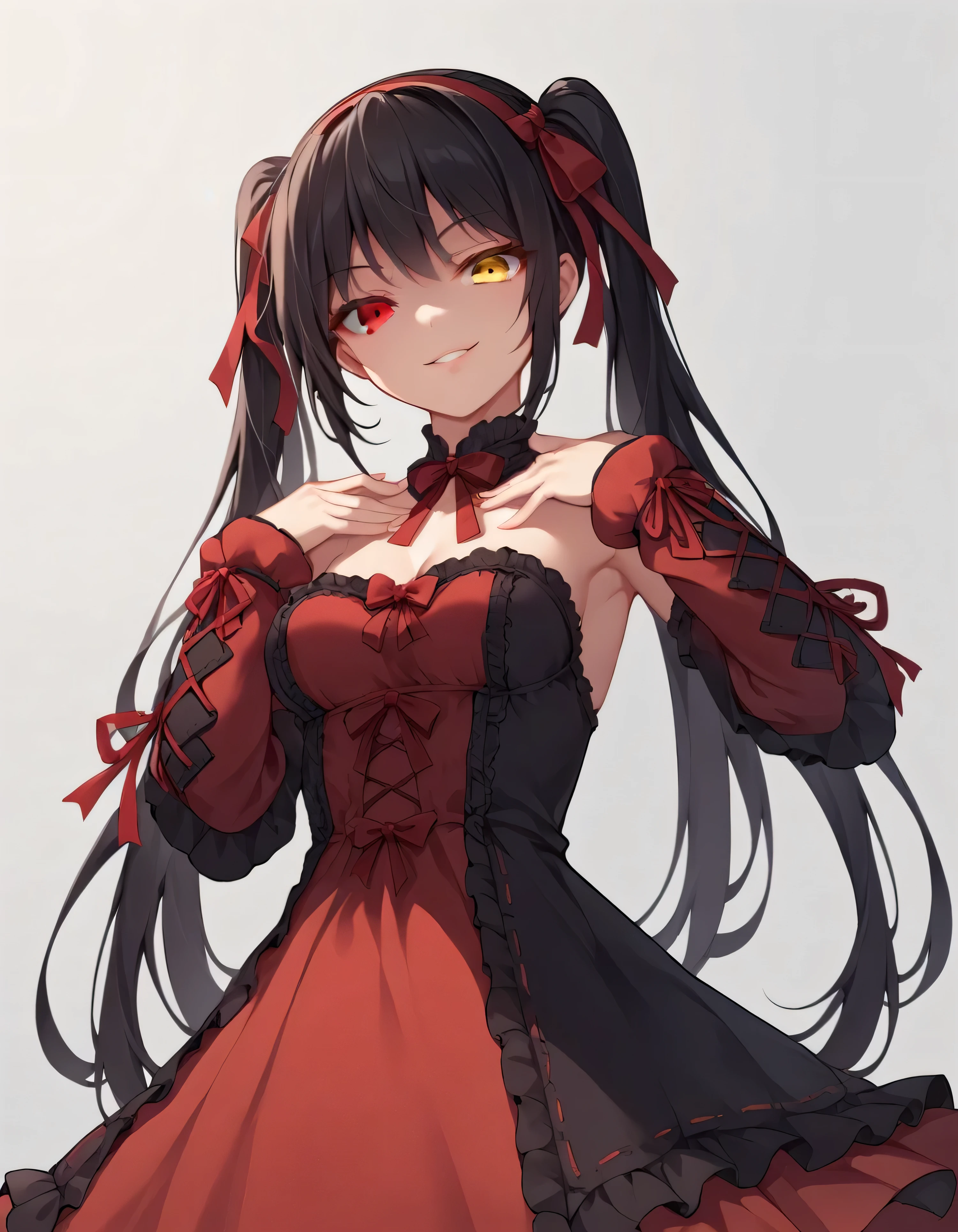 Tokisaki Kurumi, ridiculous , 1 girl, raise arms, black dress , black hair, bow, chest, Clock Eye, cowboy shooting, detachable sleeves, dress , dress bow, Hair Band , heterochromia , long hair, long sleeve , stares at viewers, medium chest, colorful clothes, multicolored dress , I tied my lips, red dress , RED EYES, red ribbon, ribbon, side lock, Simple Background , smile, Alone, Symbolic student , twin tails, yellow eyes ,,Shaded face(eyes in Shadow),very evil smirk,from below,looking down at viewer,,looking at viewer,