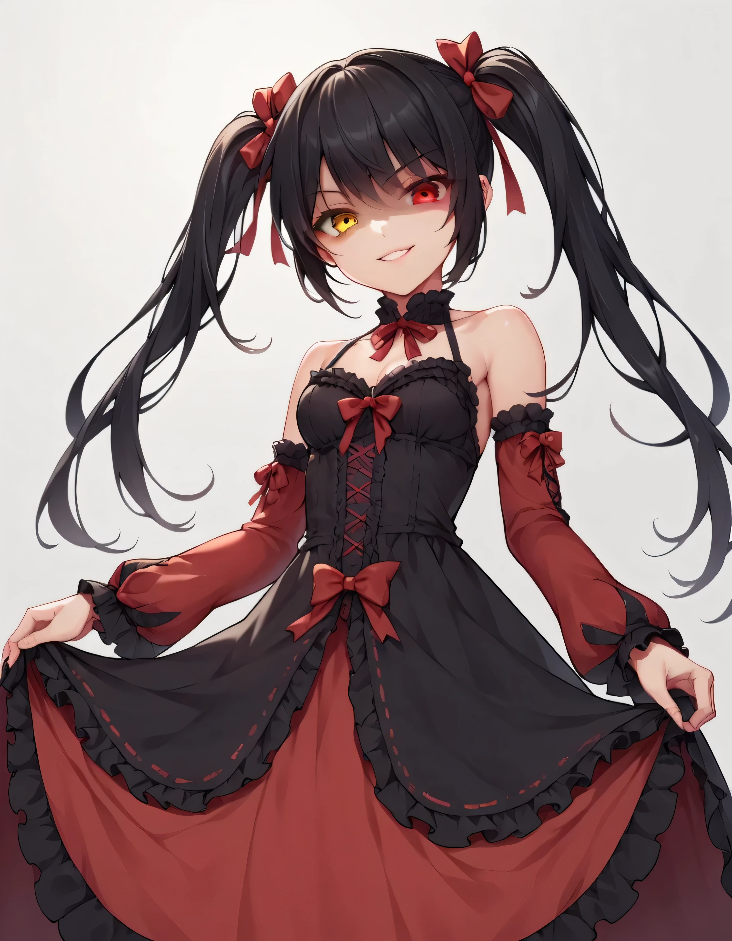 Tokisaki Kurumi, ridiculous , 1 girl, raise arms, black dress , black hair, bow, chest, Clock Eye, cowboy shooting, detachable sleeves, dress , dress bow, Hair Band , heterochromia , long hair, long sleeve , stares at viewers, medium chest, colorful clothes, multicolored dress , I tied my lips, red dress , RED EYES, red ribbon, ribbon, side lock, Simple Background , smile, Alone, Symbolic student , twin tails, yellow eyes ,,Shaded face(eyes in Shadow),very evil smirk,from below,looking down at viewer,,looking at viewer,
