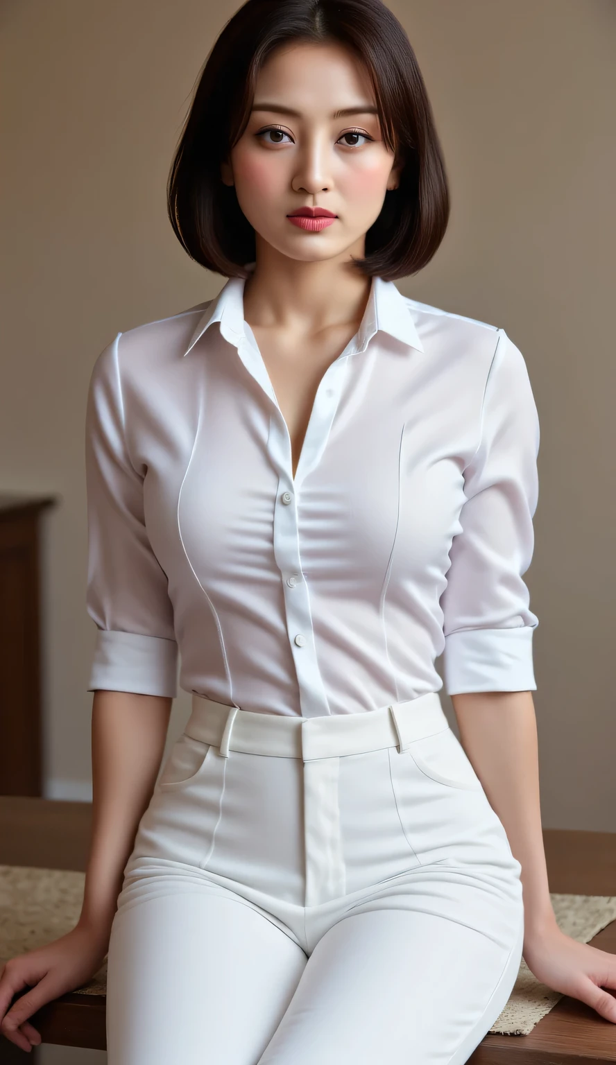 face is :9,666349256], (Elite secretary of the upper class in light underwear), Sitting in a chair and working in the office、 (Wearing pantyhose)、(Short Layer Hair)、crossed legs, Wear high-end high heels、 (thighhighs and skirt), Shirt secretary, businesswoman,  Wear shirts and skirts, Business attire, business outfit, Raw photo, (8K、top-quality、​masterpiece:1.2)、(intricate detailes:1.4)、(Photorealsitic:1.4)、octane renderings、Complex 3D rendering ultra detail, Studio Soft Light, Rim Lights, vibrant detail, super detailing, realistic skin textures, Detail Face, Beautiful detail eyes, Very detailed CG Unity 16k wallpaper, make - up, (detailedbackground:1.2), Exposed thighs!!!,