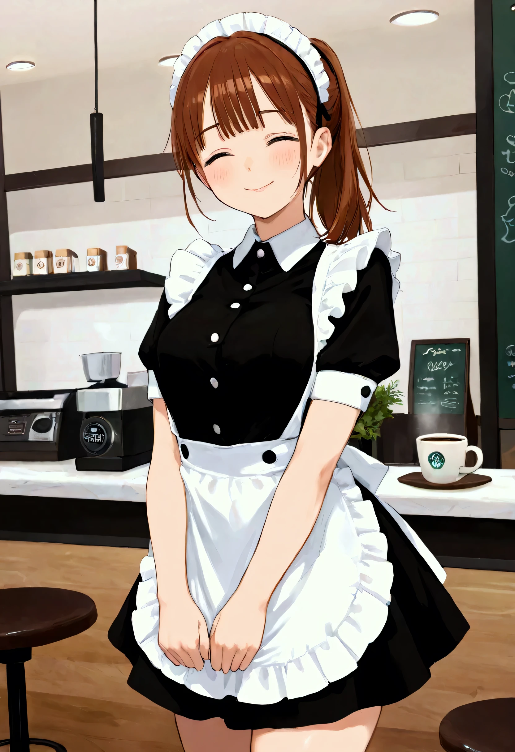 (masterpiece), (high quality), (beautiful face with details), (perfect body structure), (kind smile and happy), (beautiful hands),
(one girl), (solo),
(gentle smile), (round face), (closed eyes), (healthy cheeks),
(Medium), (chestnut hair), (ponytail), (with bangs),
(maid uniform), (skirt), (blouse), (apron),
(cheerful atmosphere), (coffee at a coffee shop).