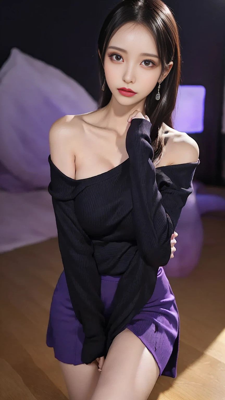 4k-ultra clear、highest quality, Artwork, Ultra high resolution, (Reality: 1.4), hot girl, sexy eyes, Off-shoulder sweater dresses, cinematic lighting、purple and black hair、(My girl、makeup goth、My makeup)、(Pierced ears、Big breasts、Oversized black open-shoulder t-shirt dark mini-skirt)、((dark makeup、Oily skin, glossy skin、Realistic skin texture、detailed beautiful skin、glossy skin)), big hips, thick thighs, thick legs, area dark city center at night、Kabukicho、Dark Cyberpunk、(Sharp shot:1.8)、Slim legs、Thin arms、Thin shoulders、Slim waist、Slender body、Large breasts、Full body