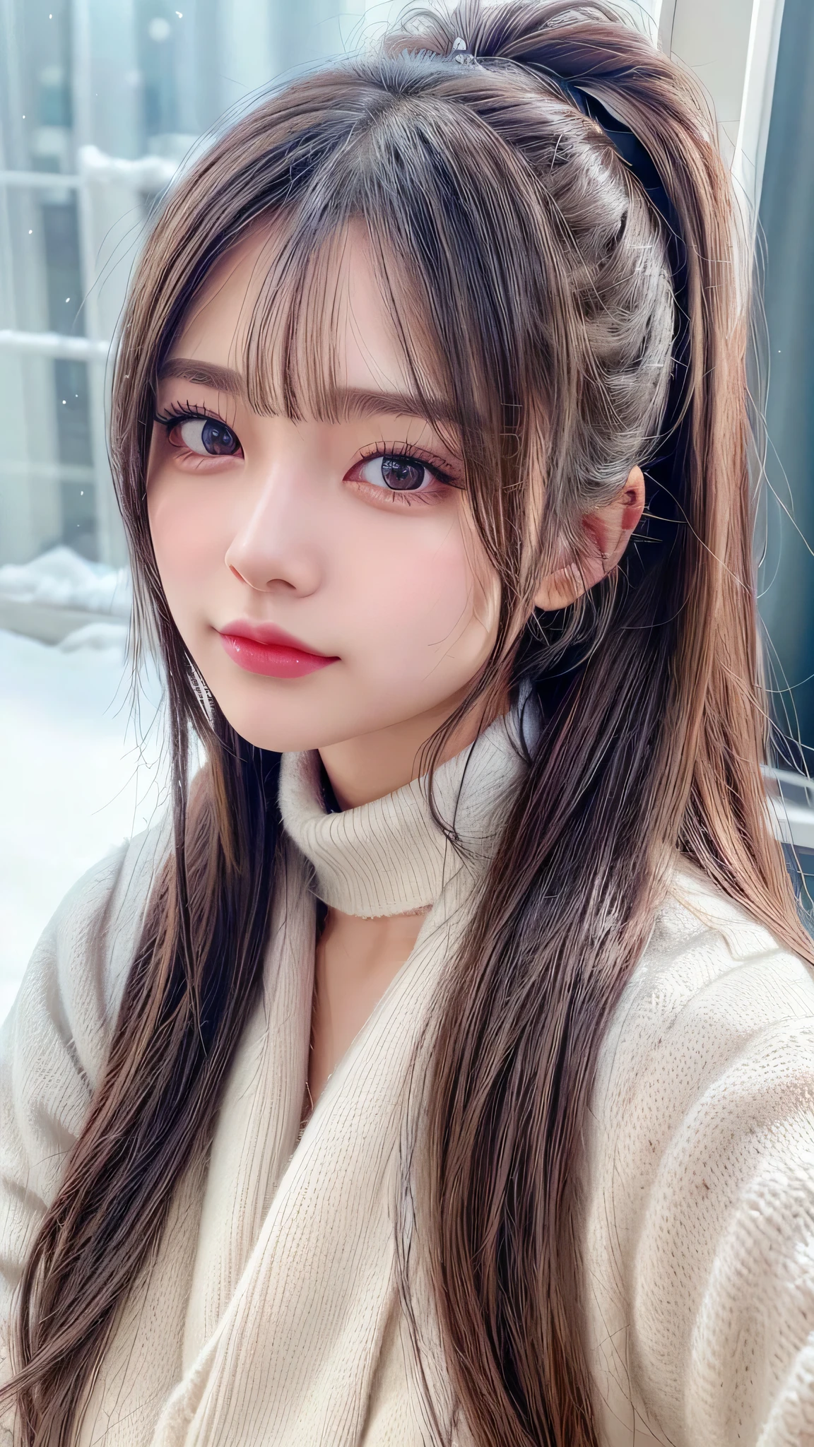 blush,14 years old,small breasts,winter,long hair ponytail,winter,wearing a long-sleeved knit sweater,wearing jeans,Enjoying dating,amusement park,close up of face,((8K, Raw photo, best quality, muste piece:1.2), (Reality, photorealistic:1.4), (Highly detailed 8K wallpaper), Depth of bounds written, cinematic lighting, soft light, detailed beauty eye,Shiny and smooth light brown ponytail, asymmetrical bangs, shiny skin, super detailed skin ,high resolution, high detail, detailed hairstyle, detailed beauty face, hyper real, perfect limbs, perfect anatomy ,1 Japanese girl,famous japanese idol, perfect female body,shy smile,short eyelashes,double-edged eyelids,look straight here,Hair style is ponytail,
