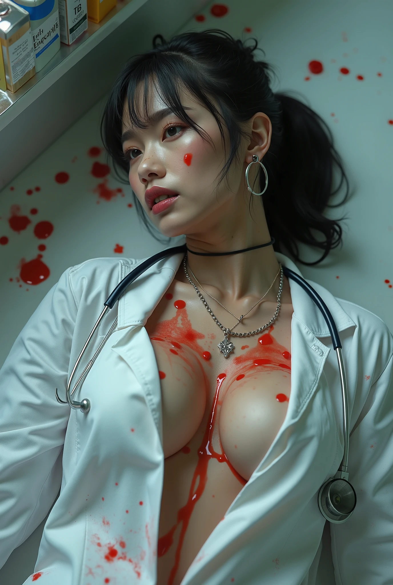 big breasted nurse, with few clothes, stained with blood, in an operating room, tied black hair, serious face