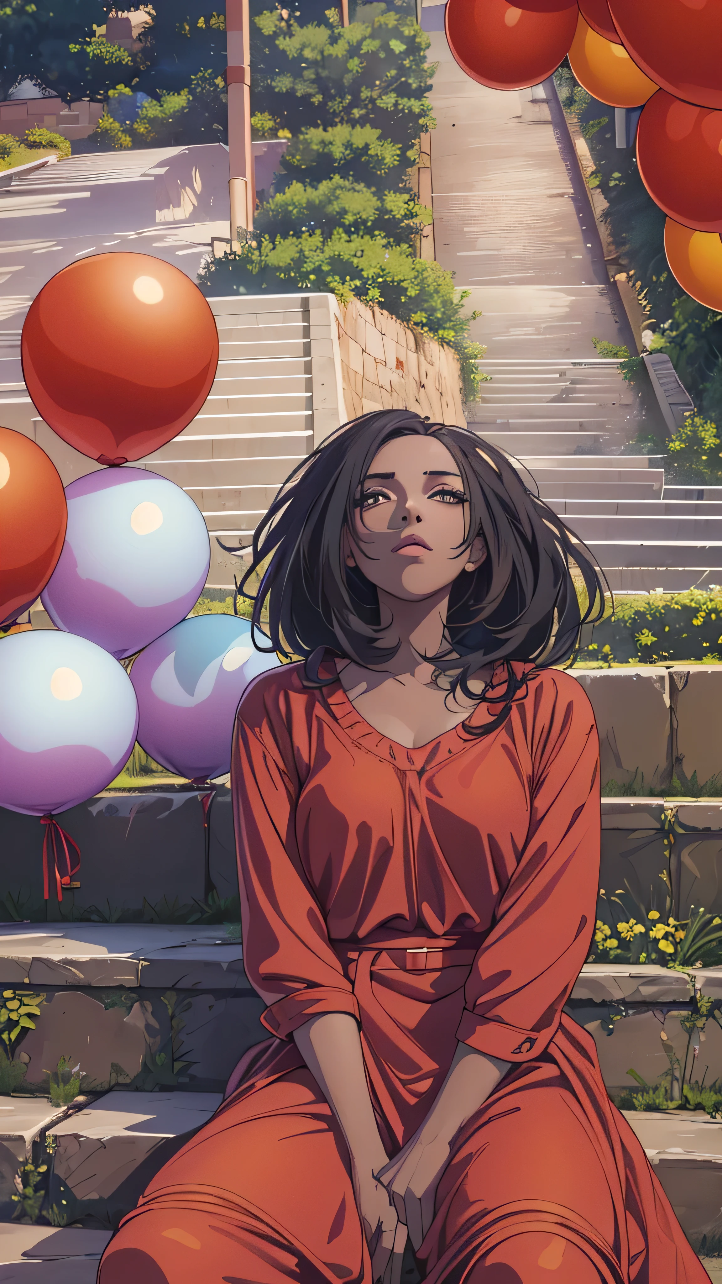 portrait of an amazingly beautiful black woman holding a string of balloons, Wearing a red blouseいる, sitting on the lawn under the stone bridge , I held a string of balloons , perfect eyes ,Wearing a red blouse , perfect hand, curved hips , ultra-detailed skin break top quality , Deep Shadow, 8k, dslr , Kodak Ector 100 , like Fujifilm XT3 , F4, 1/800s, ISO100,
