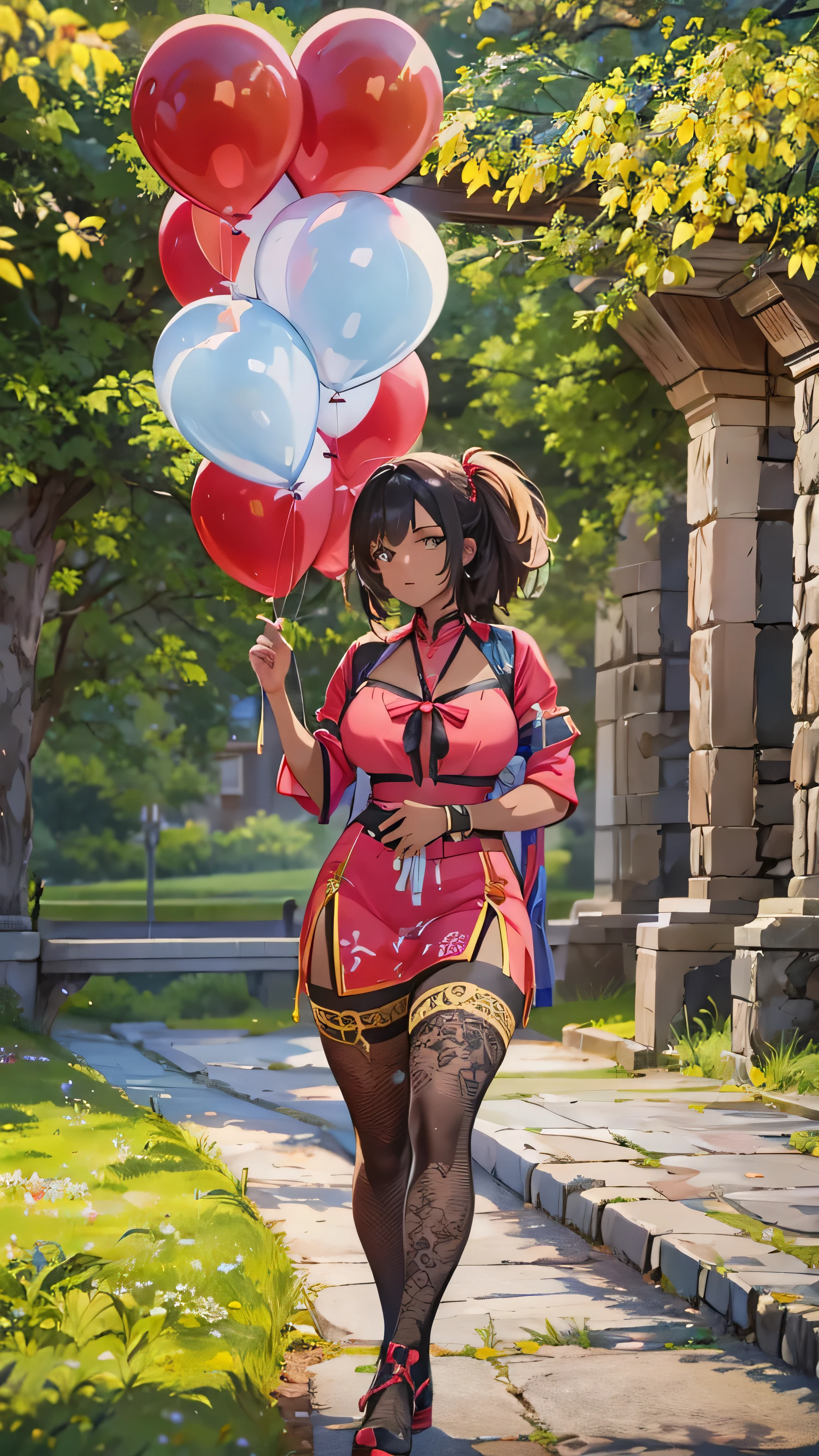 portrait of an amazingly beautiful black woman holding a string of balloons, Wearing a red blouseいる, sitting on the lawn under the stone bridge , I held a string of balloons , perfect eyes ,Wearing a red blouse , perfect hand, curved hips , ultra-detailed skin break top quality , Deep Shadow, 8k, dslr , Kodak Ector 100 , like Fujifilm XT3 , F4, 1/800s, ISO100,