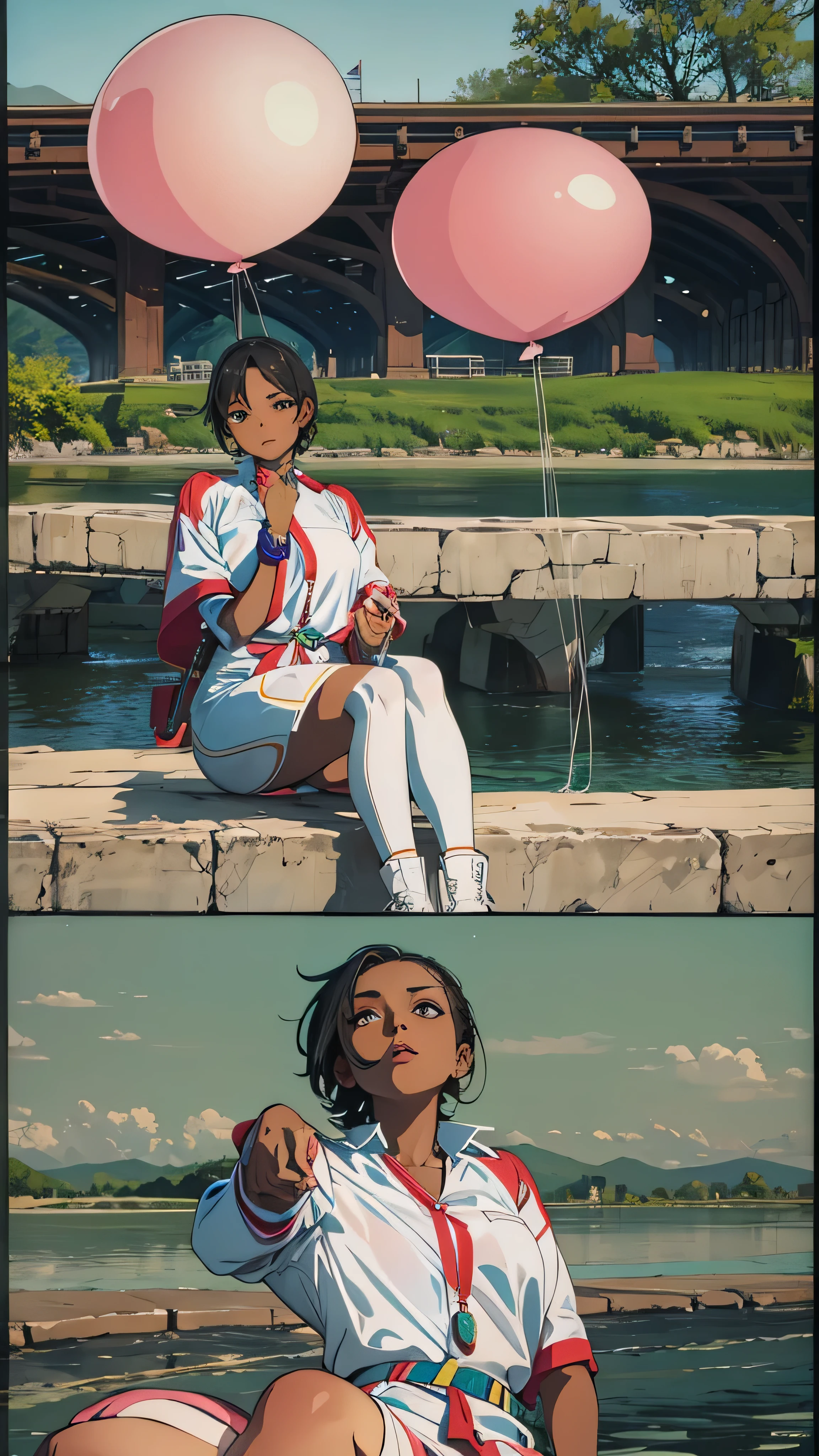 portrait of an amazingly beautiful black woman holding a string of balloons, Wearing a red blouseいる, sitting on the lawn under the stone bridge , I held a string of balloons , perfect eyes ,Wearing a red blouse , perfect hand, curved hips , ultra-detailed skin break top quality , Deep Shadow, 8k, dslr , Kodak Ector 100 , like Fujifilm XT3 , F4, 1/800s, ISO100,