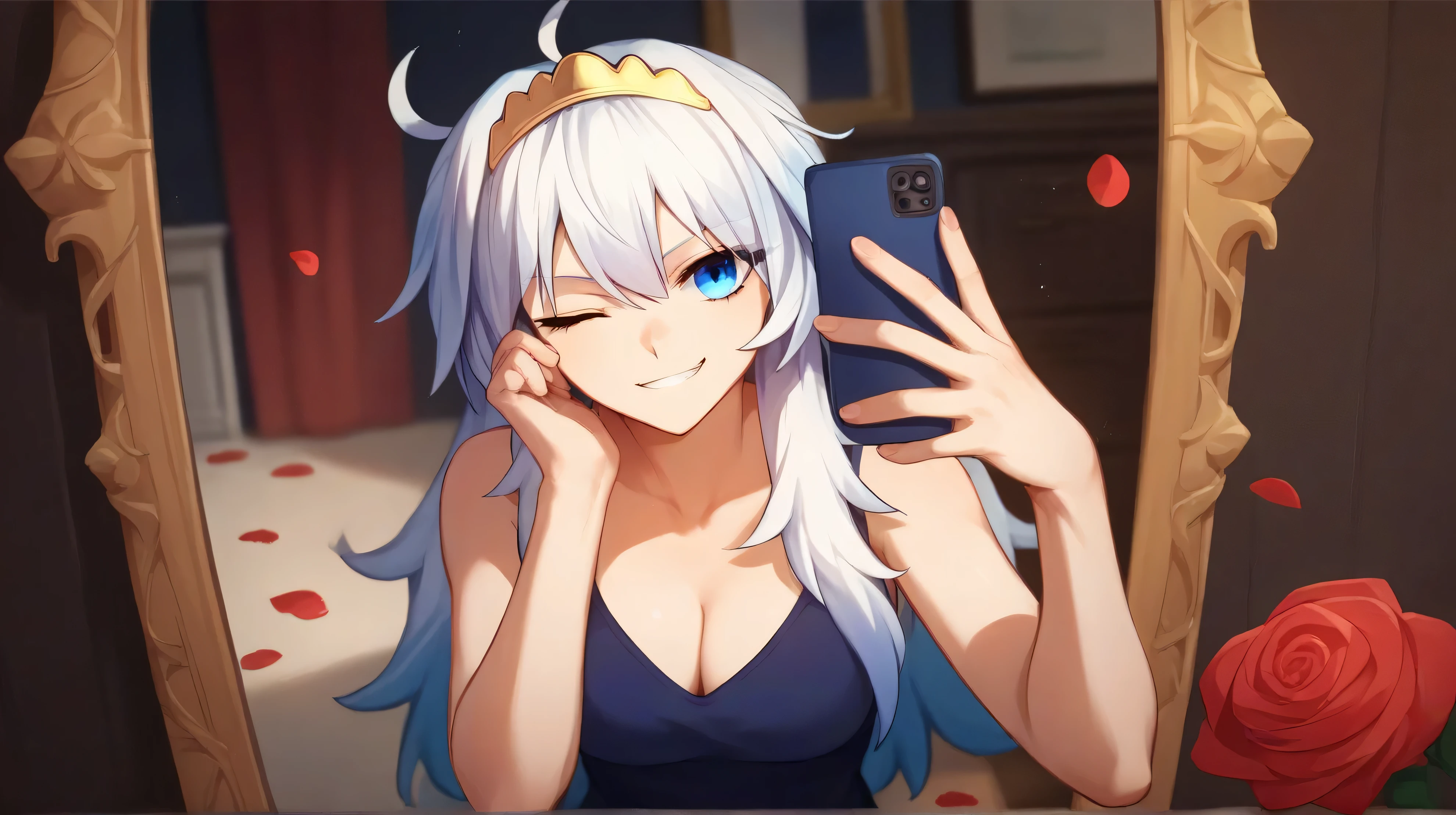 rating_9, rating_8_ up, rating_7_ up, eastnik_anime, Alone, 1 girl, Mirabelle, smirking, looking at viewer, selfie, with phone, white hair, ahoge, tiara, blue eyes, one eye closed, (absolutely naked 2:0), mirror, solo, 1 girl, (absolutely naked 2:0), breasts, evening, romance, rose petals on the floor,