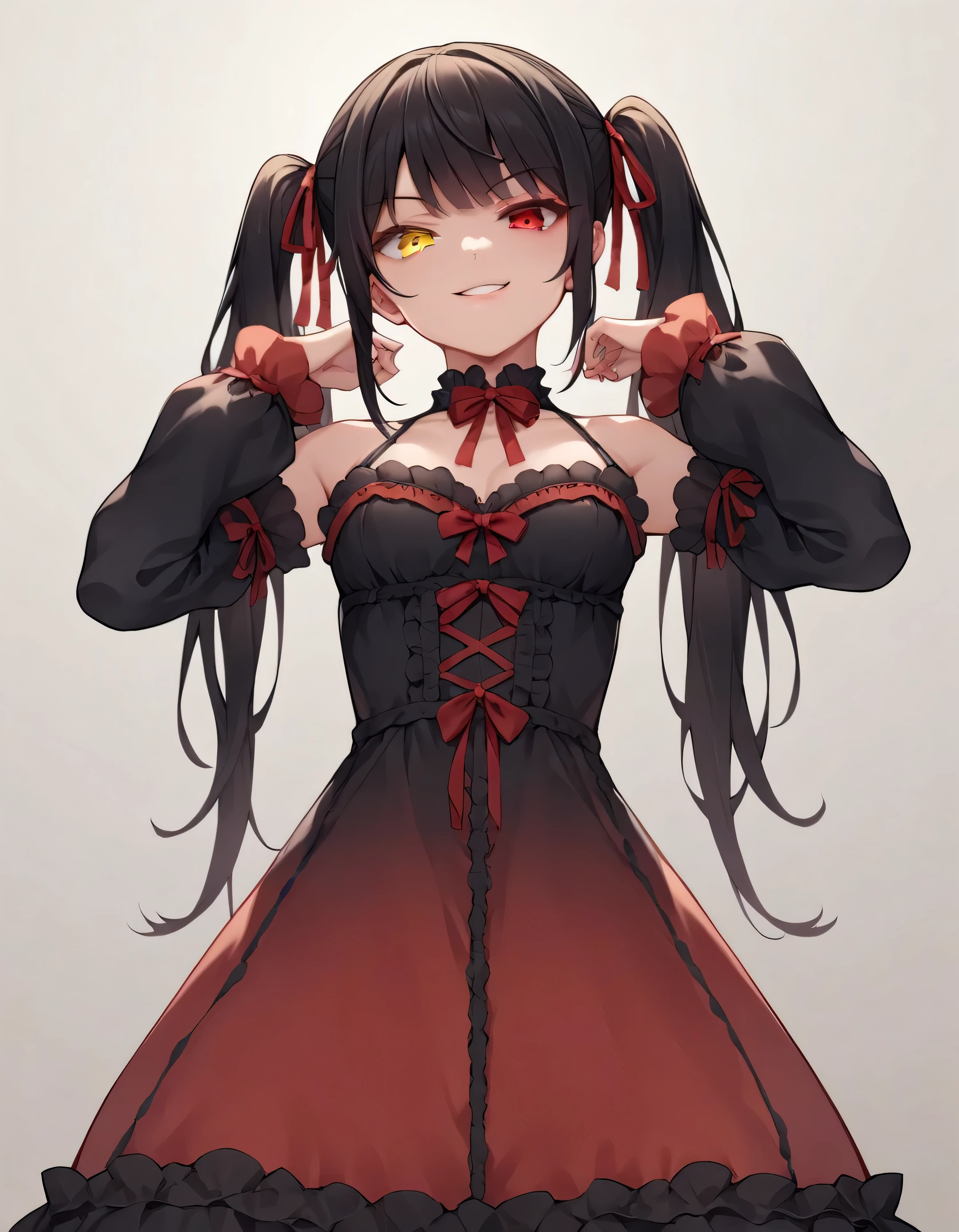 Tokisaki Kurumi, ridiculous , 1 girl, raise arms, black dress , black hair, bow, chest, Clock Eye, cowboy shooting, detachable sleeves, dress , dress bow, Hair Band , heterochromia , long hair, long sleeve , stares at viewers, medium chest, colorful clothes, multicolored dress , I tied my lips, red dress , RED EYES, red ribbon, ribbon, side lock, Simple Background , smile, Alone, Symbolic student , twin tails, yellow eyes ,,Shaded face(eyes in Shadow),very evil smirk,from below,looking down at viewer,,looking at viewer,
