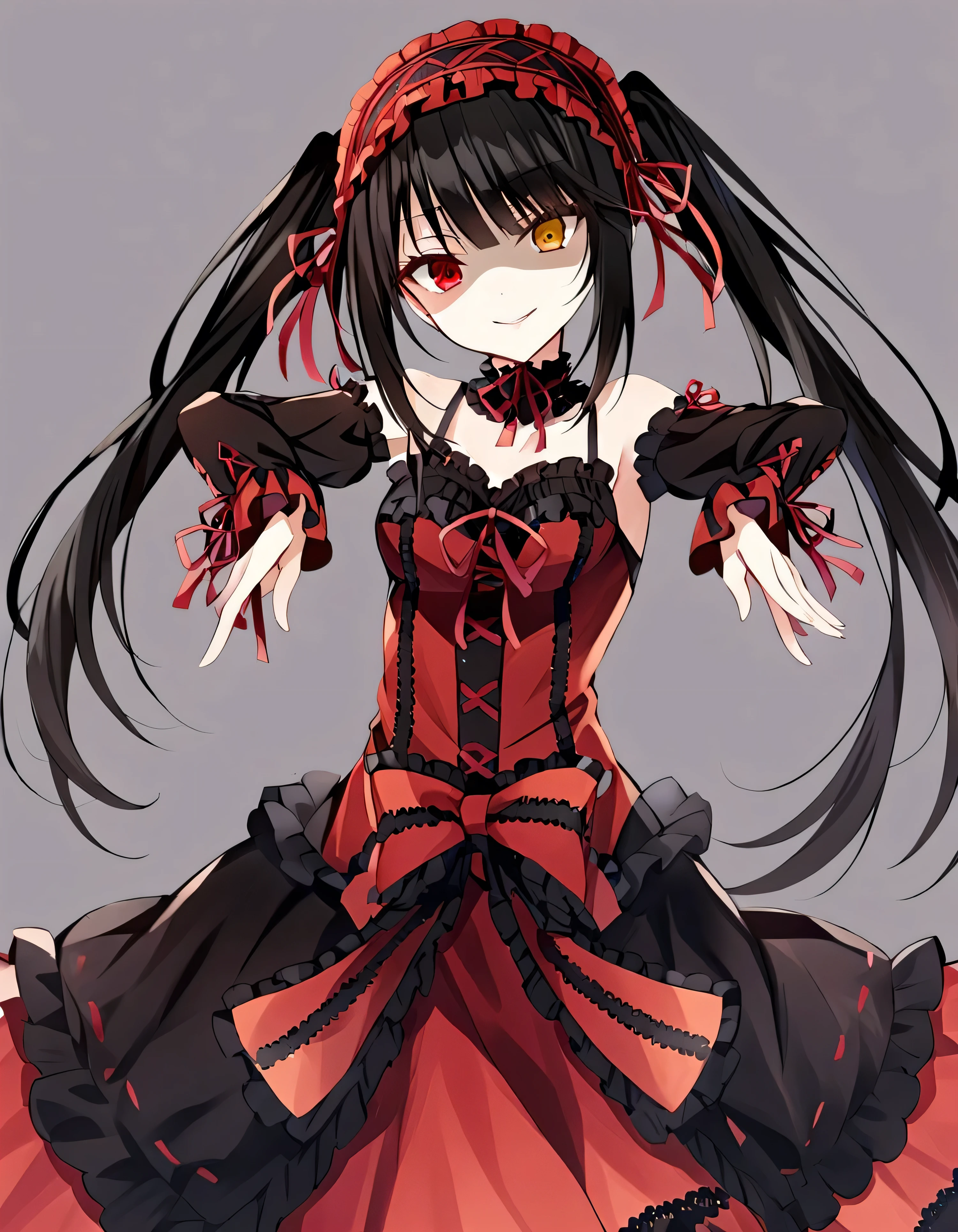 Tokisaki Kurumi, ridiculous , 1 girl, raise arms, black dress , black hair, bow, chest, Clock Eye, cowboy shooting, detachable sleeves, dress , dress bow, Hair Band , heterochromia , long hair, long sleeve , stares at viewers, medium chest, colorful clothes, multicolored dress , I tied my lips, red dress , RED EYES, red ribbon, ribbon, side lock, Simple Background , smile, Alone, Symbolic student , twin tails, yellow eyes ,,Shaded face(eyes in Shadow),very evil smirk,from below,looking down at viewer,,looking at viewer,