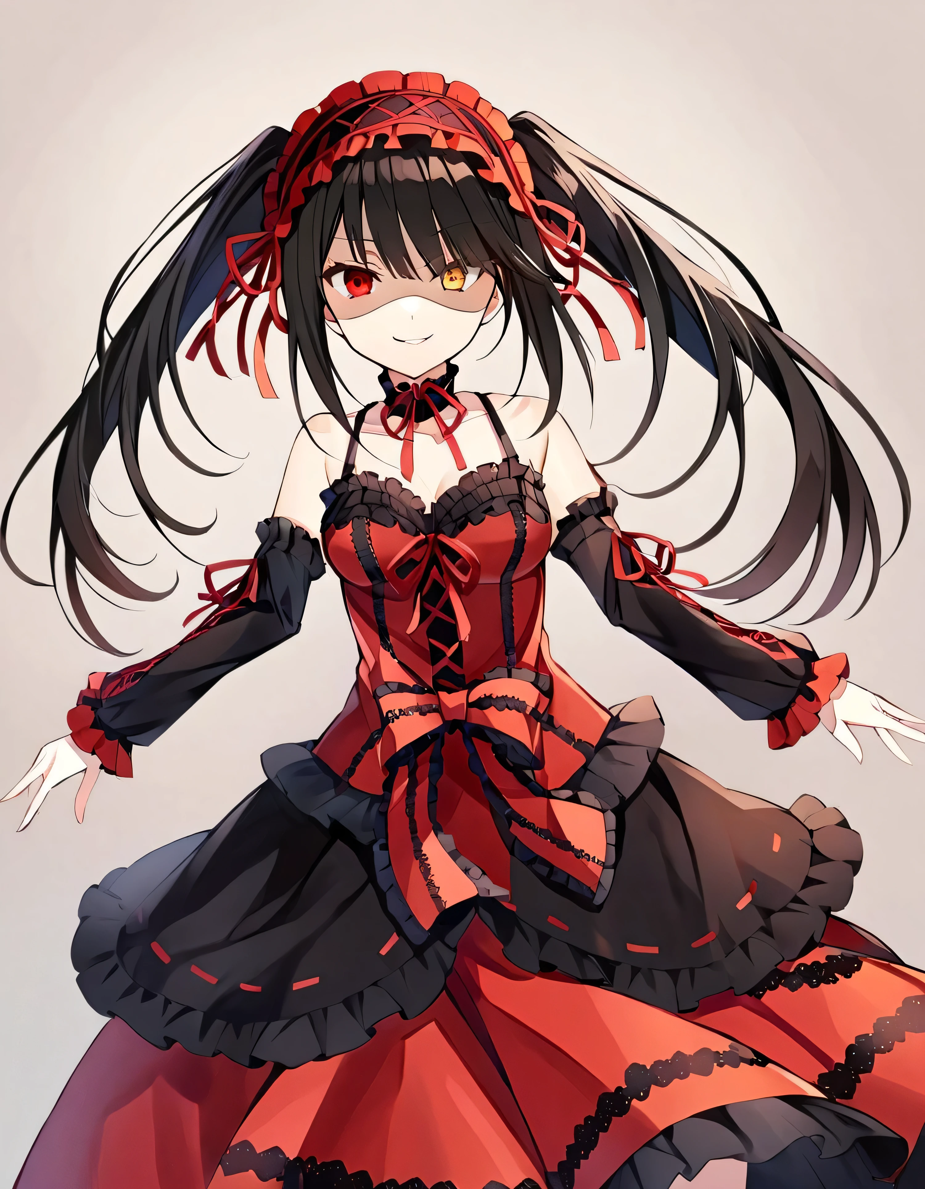 Tokisaki Kurumi, ridiculous , 1 girl, raise arms, black dress , black hair, bow, chest, Clock Eye, cowboy shooting, detachable sleeves, dress , dress bow, Hair Band , heterochromia , long hair, long sleeve , stares at viewers, medium chest, colorful clothes, multicolored dress , I tied my lips, red dress , RED EYES, red ribbon, ribbon, side lock, Simple Background , smile, Alone, Symbolic student , twin tails, yellow eyes ,,Shaded face(eyes in Shadow),very evil smirk,from below,looking down at viewer,,looking at viewer,