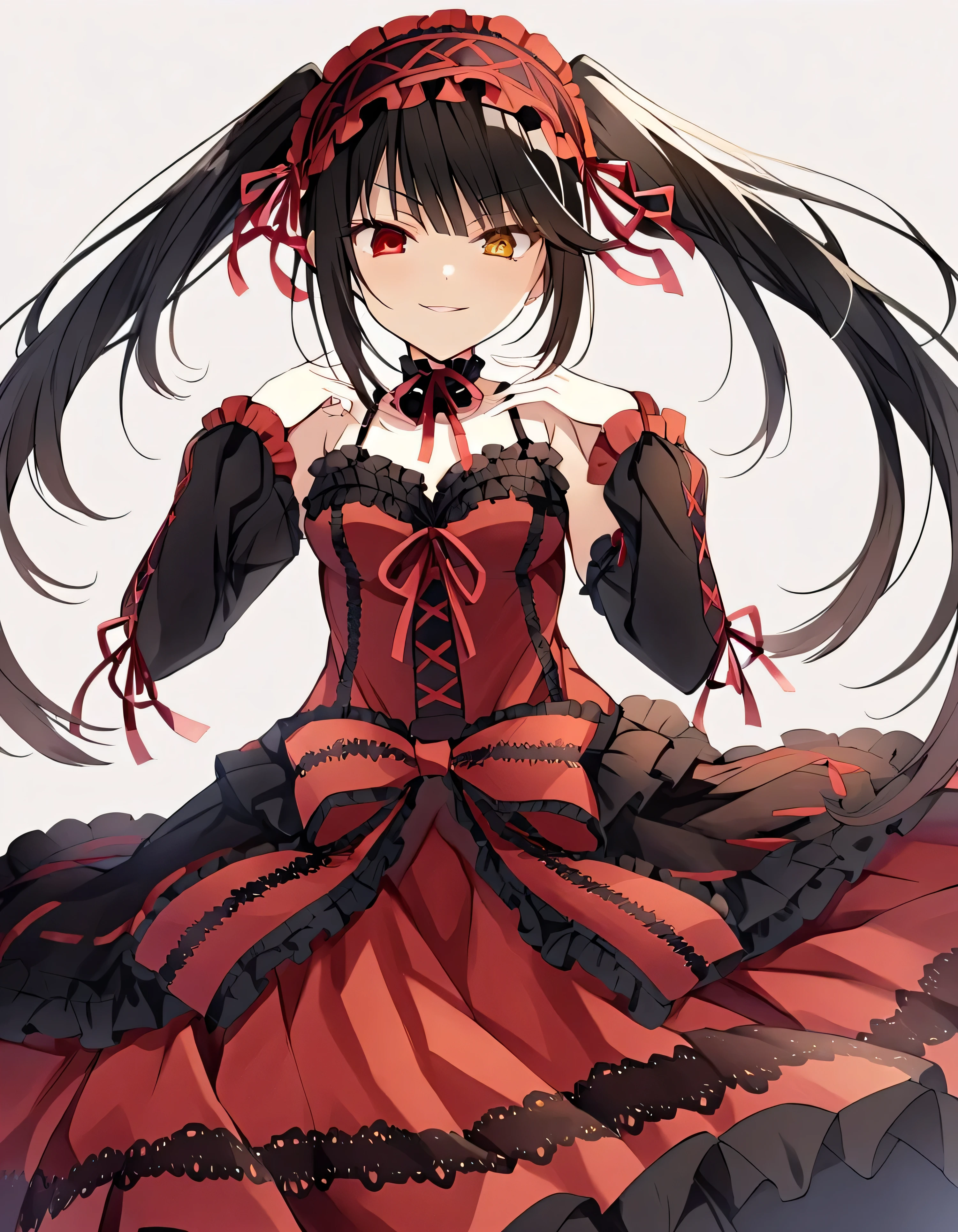 Tokisaki Kurumi, ridiculous , 1 girl, raise arms, black dress , black hair, bow, chest, Clock Eye, cowboy shooting, detachable sleeves, dress , dress bow, Hair Band , heterochromia , long hair, long sleeve , stares at viewers, medium chest, colorful clothes, multicolored dress , I tied my lips, red dress , RED EYES, red ribbon, ribbon, side lock, Simple Background , smile, Alone, Symbolic student , twin tails, yellow eyes ,,Shaded face(eyes in Shadow),very evil smirk,from below,looking down at viewer,,looking at viewer,