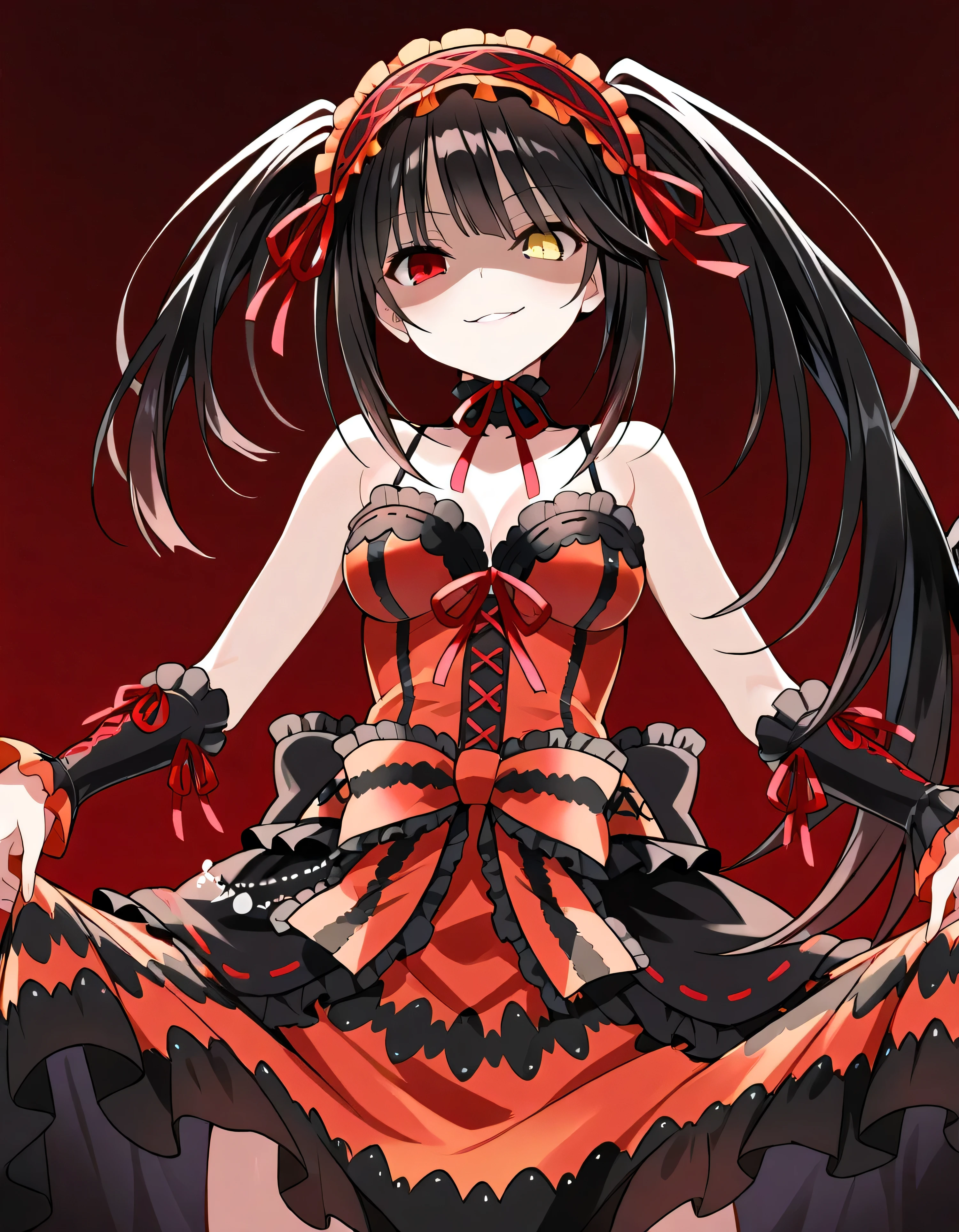 Tokisaki Kurumi, ridiculous , 1 girl, raise arms, black dress , black hair, bow, chest, Clock Eye, cowboy shooting, detachable sleeves, dress , dress bow, Hair Band , heterochromia , long hair, long sleeve , stares at viewers, medium chest, colorful clothes, multicolored dress , I tied my lips, red dress , RED EYES, red ribbon, ribbon, side lock, Simple Background , smile, Alone, Symbolic student , twin tails, yellow eyes ,,Shaded face(eyes in Shadow),very evil smirk,from below,looking down at viewer,,looking at viewer,