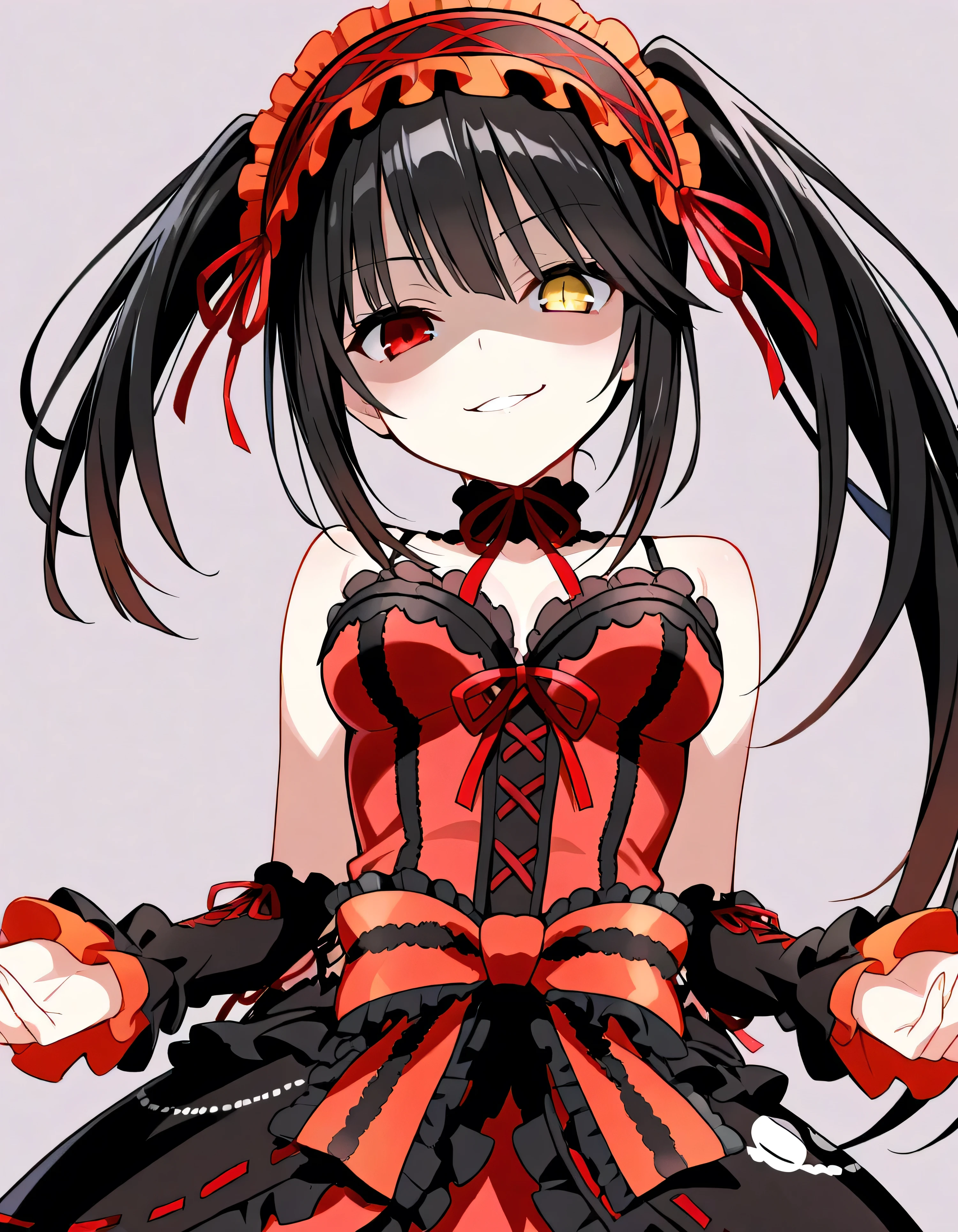 Tokisaki Kurumi, ridiculous , 1 girl, raise arms, black dress , black hair, bow, chest, Clock Eye, cowboy shooting, detachable sleeves, dress , dress bow, Hair Band , heterochromia , long hair, long sleeve , stares at viewers, medium chest, colorful clothes, multicolored dress , I tied my lips, red dress , RED EYES, red ribbon, ribbon, side lock, Simple Background , smile, Alone, Symbolic student , twin tails, yellow eyes ,,Shaded face(eyes in Shadow),very evil smirk,from below,looking down at viewer,,looking at viewer,