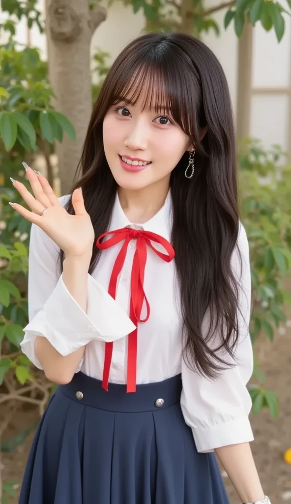 18 year old high school girl wearing a white shirt and red miniskirt.(black hair ponytail)