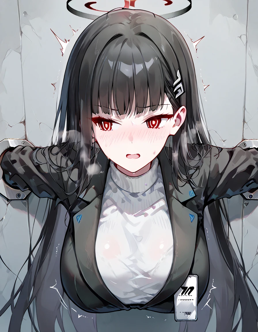 high quality, no errors, anime style, solo, 1 girl, bunny girl, long black bunny ears, black bunny tail, big incisor teeth showing, long black hair, red eyes, huge breasts, big fat ass, very thighs thick, wearing casual clothes, smiling