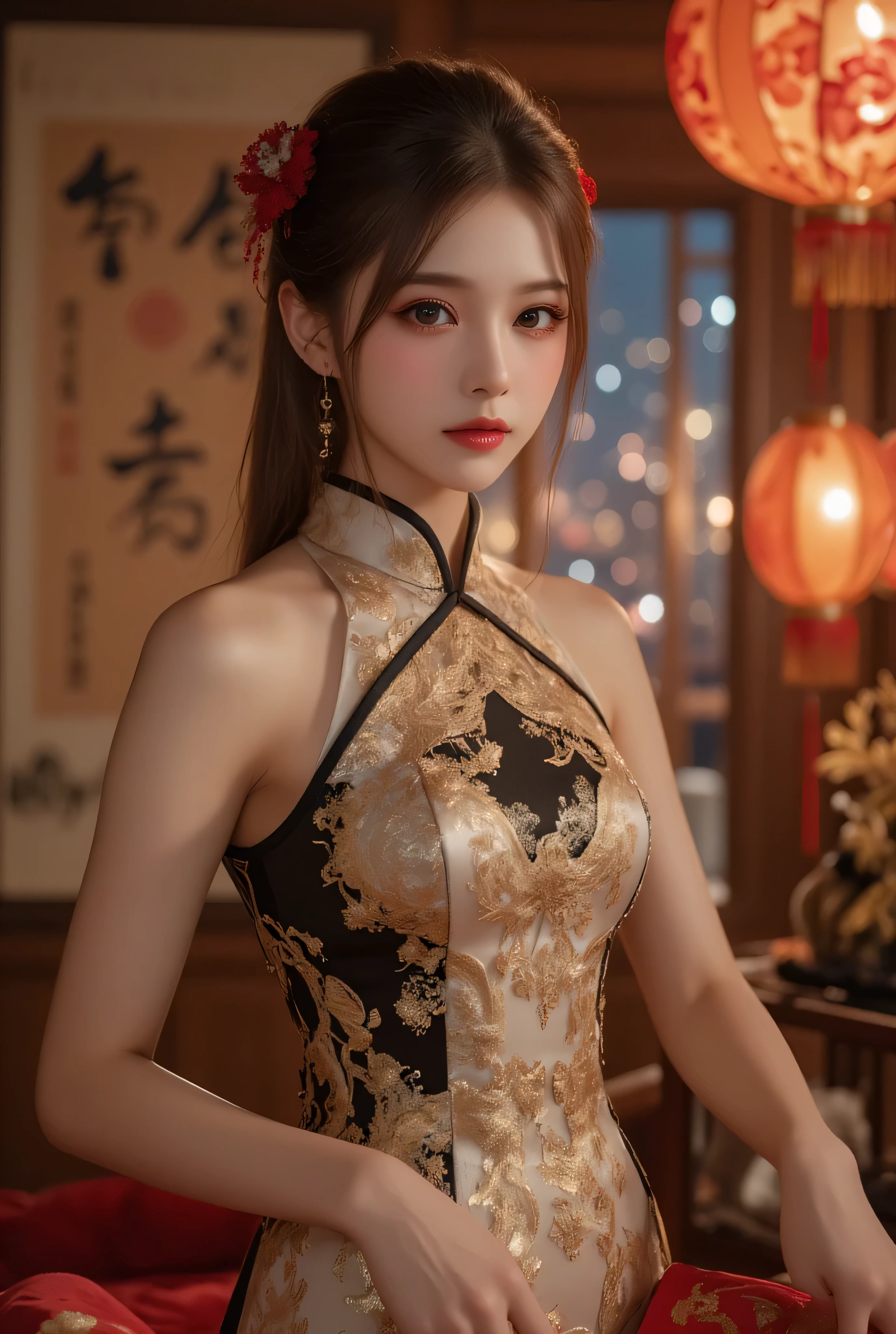View from front bottom, A close-up, head-and-shoulders portrait of a beautiful Korean idol with fine facial features and a ponytail, wearing a red-black-green-blue-transparent-silver-gold short cheongsam with some black-transparent sections, adorned with intricate gold or silver phoenix and floral embroidery. She stands gracefully in a warmly lit room featuring a vintage fireplace and traditional Chinese New Year decorations, including vibrant red lanterns, decorative calligraphy scrolls, a small Chinese orange tree with golden ornaments, and several red envelopes scattered across the floor and hanging from the tree. Adorable, playful cats are part of the scene—some sitting near the tree, others curiously pawing at the red envelopes or lounging around. Through a window or an open door in the background, vibrant Chinese fireworks light up the night sky in an array of reds, golds, and blues, casting a magical glow into the room. The idol’s outfit is complemented by subtle accessories like red hairpins or earrings and a few pretty Chinese hair accessories, along with pink lipstick, enhancing her festive look. The atmosphere is warm and lively, filled with the joyful essence of the celebration, highlighted by dramatic, chiaroscuro lighting, deep contrast, pleasant colors, and intricate, elaborate patterns, creating a super-detailed, realistic 8K cinematic composition.