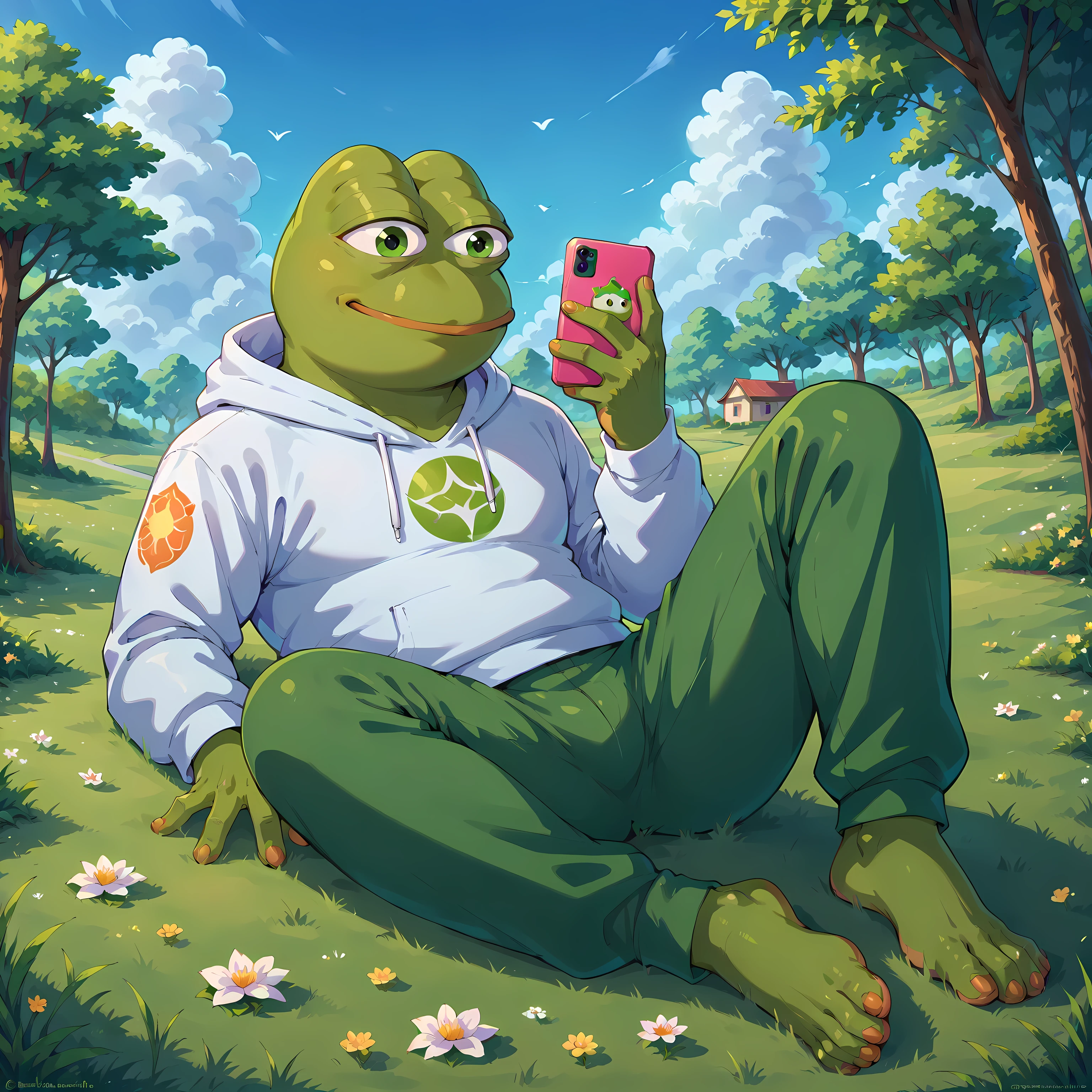 Pepe Frog, green skin, (anthropomorphic frog, enlightened pepe features, zen eyes, serene expression), 1boy, white hooded jumper, laying in grassy park,looking at phone, grass between toes, cloud shapes like crypto logos, nature reclaiming degen, fresh air sparkles, healing atmosphere