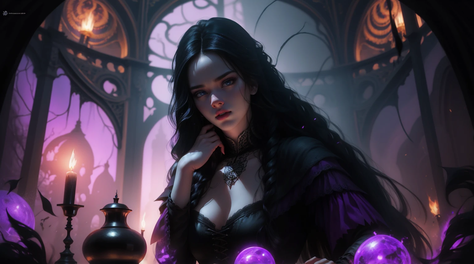 hyperrealistic glamour portrait, sorceress, 1girl, woman, vampire queen, wicked witch, (very high collar:1), (Dark alchemy tools:1.3),In a chamber of bubbling potions, bombshell hair, neon black hair, hair rings, small breasts, narrow waist, slim hourglass figure,skindentation, chinese, (noon, blue sky, clouds, scenery, in a Coral Reef:1)<lora:EnvySorceressXL01:1.8>