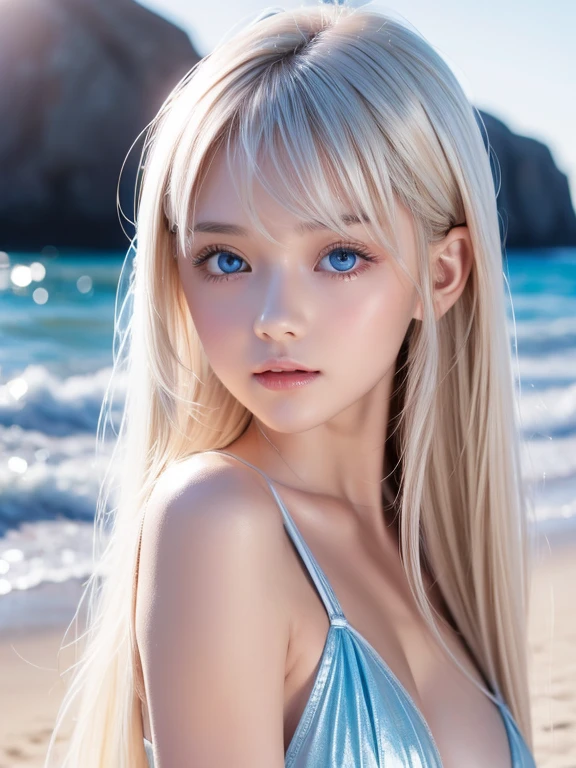 (A shiny white one-piece swimsuit 、Wet and see-through), whole body:1.3, Beautiful glowing white skin、Blonde hair discolors when exposed to light、Long bangs obstruct the view、Highlights of cheek luster、Sexy, very beautiful, lovely, cute, gorgeous face、The most beautiful face in the world、The most beautiful super long gorgeous blonde hair in the world、Smooth straight hair、big, Sparkling bright light blue eyes、Beautiful Bangs、Beautiful 13 year old Swedish babe、Small breasts、upright、、Genuine、high quality 8k、perfection、Highest quality、Sandy Beach