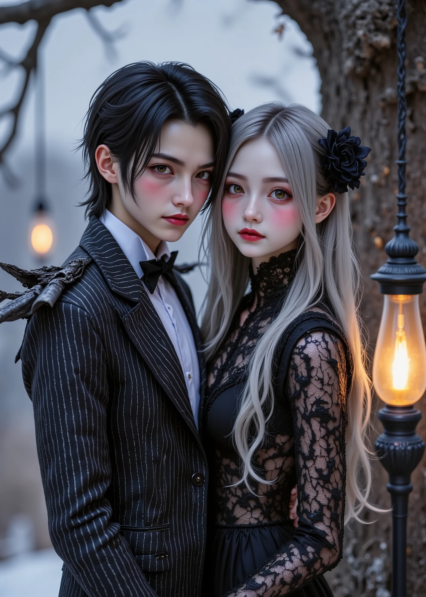 The realistic and authentic-oriented Jack and Sally 、texture 、 creates a retro atmosphere , Jack's Short Regent without Losing Black Hair、 Sally's twirling silver hair 、Jack's Brown Eyes 、The woman has green eyes 、 Beautiful, spotless skin 、 background recreates the essence of a Christmas nightmare , A lantern hangs from a large dead tree 、Moonlit Night