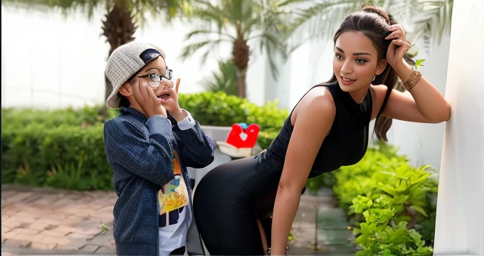 Small latin mother with huge boobs, full lips and tan skin, she is wearing a black skirt and white shirt, and heels. She looks very tired and with baggy eyes. Her little boy is standing at her feet wearing a school uniform (pants). They are both in the park playground