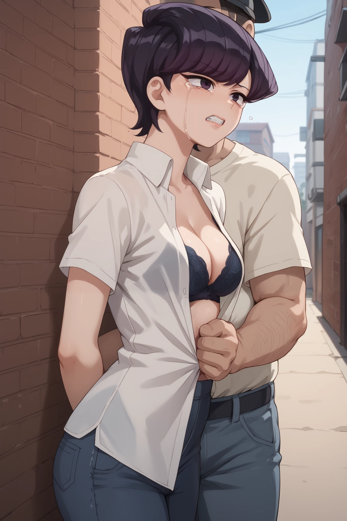 shuuko komi, short hair, black hair, black eyes, half-closed eyes, shirt, white shirt, short sleeves, pants, denim, jeans, 1girl, bulge, cleavage, erection, erection_under_clothes, hetero, imminent_rape, arms on side, looking down,(opening another's clothes, open shirt from behind), bra, medium_breasts, fat man, veins, dark alley, forced, panic, panty_pull, curvy, masterpiece, crying, clenched teeth, forced, scared