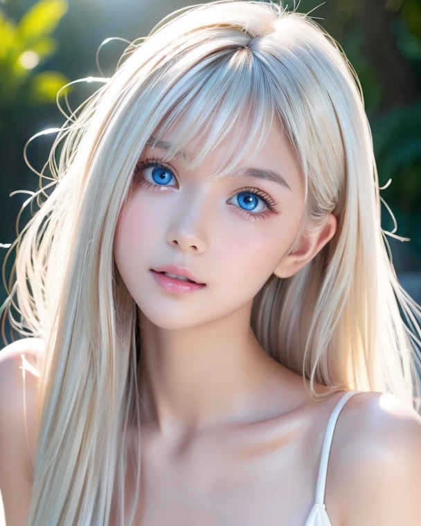 Portrait、、Bright expression、ponytail、Young, lustrous, glowing, white skin、The best beauty、Blonde reflection、Platinum blonde hair with dazzling highlights、Shiny bright hair,、Super long silky straight hair、Shiny beautiful bangs、Bright, clear, attractive, large blue eyes、Very beautiful lovely cute 16 year old girl、Ample Bust