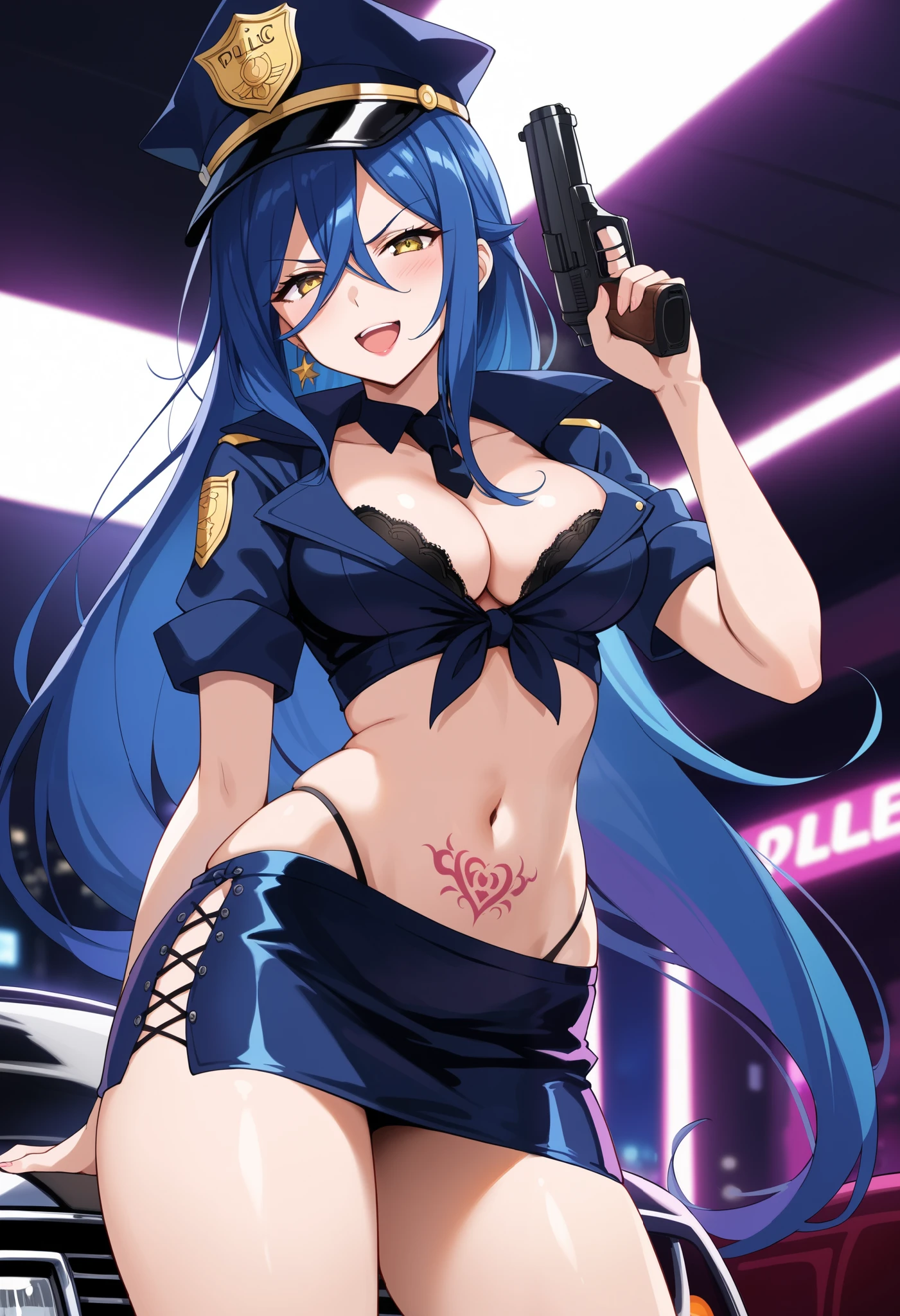 highschoolddKalawarnar, best quality, masterpiece, uncensored, 1girl,solo
long hair,hair between eyes,yellow eyes,,glaring,blue hair, shiny skin, medium breasts, , ear piercing, long hair, blush, lipstick,Hot girl, baddie, smoking, sensual, attractive ,bar
background, inside bar,indoors, cityscape, casino, nightclub, city lights, masterpiece, best quality, highly detailed, a anime girl in police uniforms , police outfit, military outfit,
open mouth, cleavage, evil smile, smile, ecchi anime style, anime girl, digital anime art!!, in anime
style, (nsfw) not safe for work, official artwork, , beautiful anime girl, anime style 4 k, micro pencil
skirt, pencil skirt, micro skirt, exposed
belly, exposed navel, exposed midriff, exposed lower belly, holding a gun, holding pistol,next to police
car,police station, police car,,nipple slip, from below, narrowed eyes, dragon tattoo, tattoo on body, tattoo midriff,