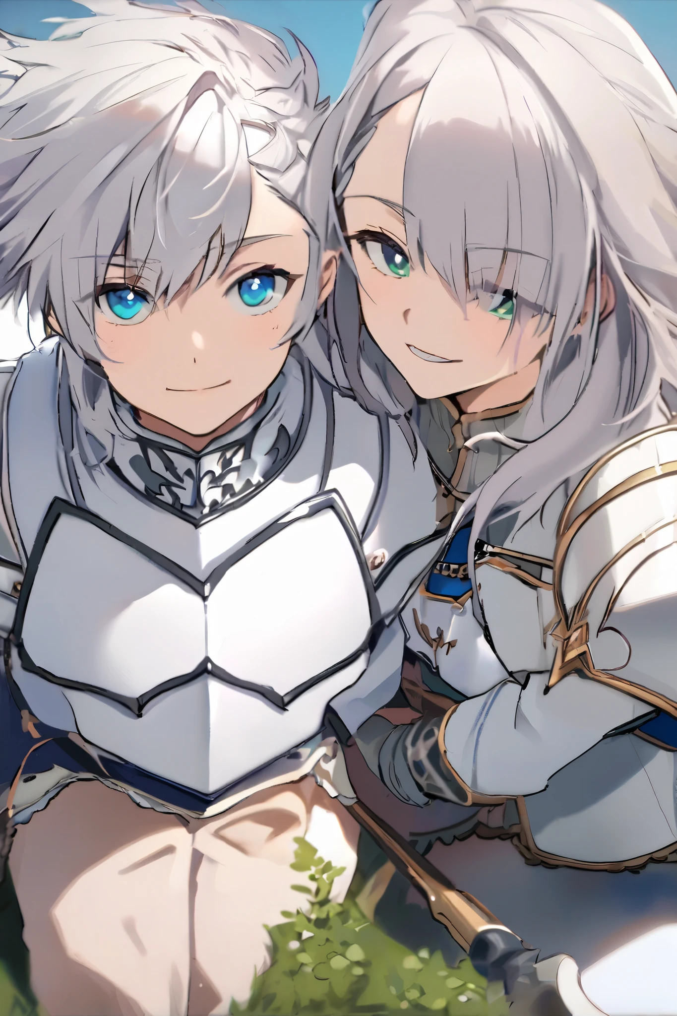 KNIGHT WARRIOR WEARING LIGHT ARMOR, WITH A FRIENDLY SMILE, LOOKING MISCHIEVOUS, SILVER-HAIRED, BLUE-EYED, YOUNG, AGE 26