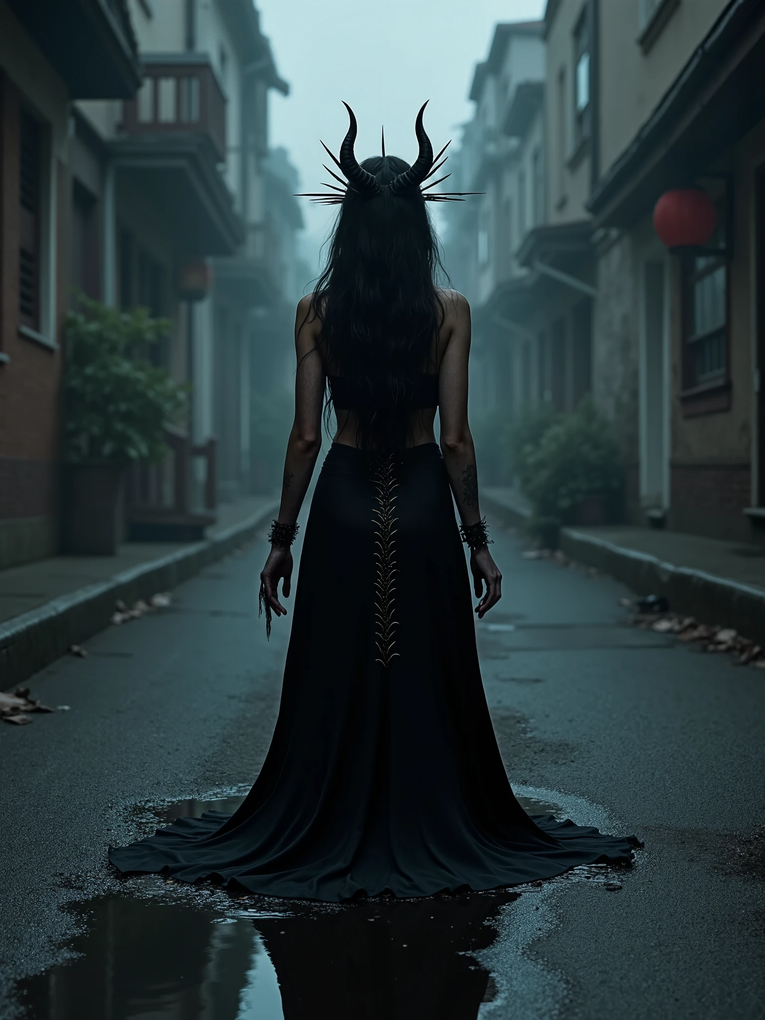 A beautiful dark haired woman rising from a black puddle on the floor of a dark street,dark makeup,she has long spikes over her spine and long sharp demon teeth wearing a Shadow spiked crown,people bow Infront of her,dark art,dark realistic photography,melancholic atmosphere, surreal dark art
