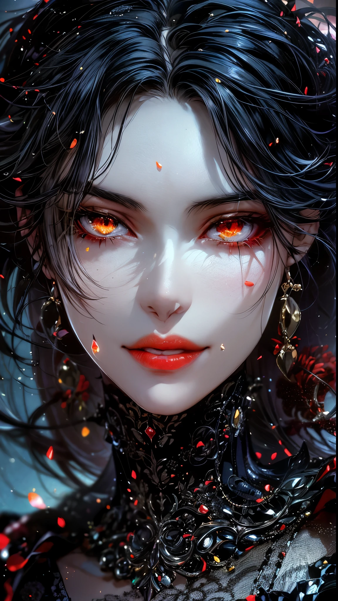 Album artwork, evil, villain, villain woman, ominous, mysterious, mystic, 2D Anime, girl in a translucent black dress , Shine, lush and layered clothes , black, white and red tones , white skin, black hair, cunning look, Evil smile, surrealistic background , opal glow , девушка Evilдейка, Evil, 2d, flat anime , Metal mask, intense colors , details, close-up, opalescence, Fantasy, Surrealism, magic, vibes , parts high contrast , dark bright shades in a smooth gradient