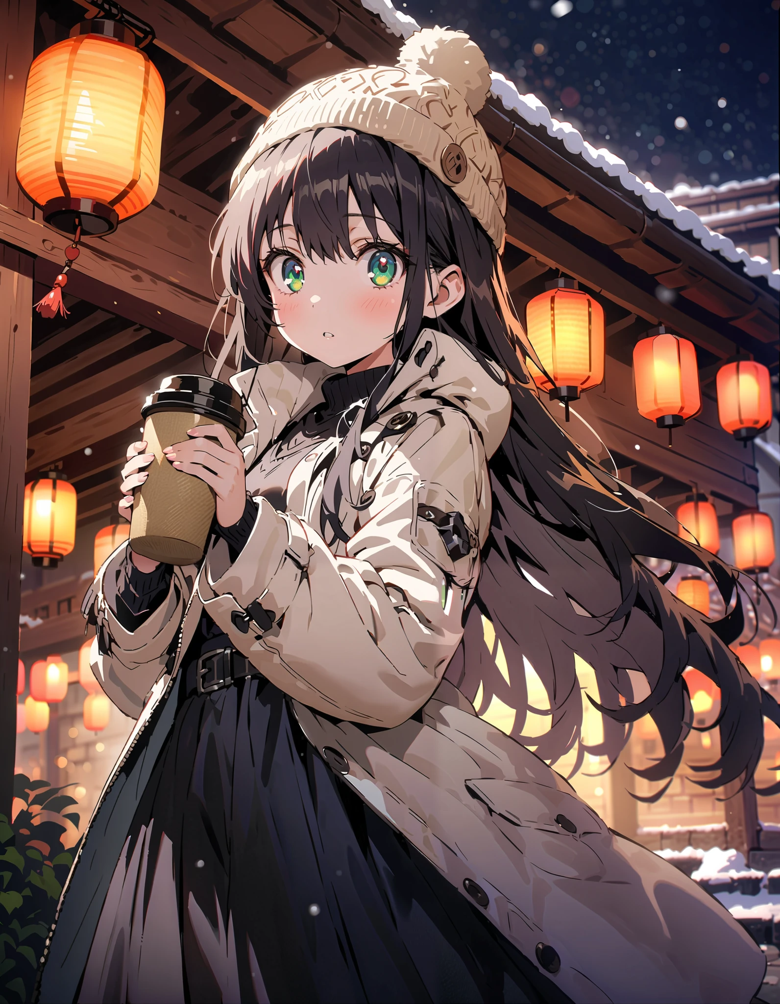 score_9, score_8_ up the side, score_7_ up the side, source_Anime, Prohibited bibliography, Green Eyes, Lantern, long hair, White Down Coat ,White muffler, knitted hat ,Black long skirt, boots, standing,snow,whole bodyが illustration に入るように, break outdoors,garden,
break looking at viewer,whole body,
break ( Masterpiece:1.2), top quality, high resolution, unity 8k wallpaper, ( illustration :0.8), ( beautiful detailed eyes:1.6), very detailed face, perfect lighting , Extremely detailed CG, ( Perfect Hands , perfect anatomy),
