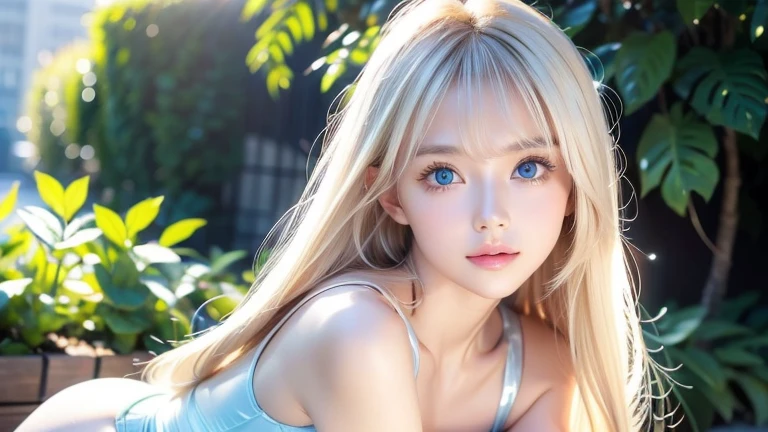 Dressed、(Photorealistic:1.4)、(ハイパーRealistic:1.4)、(Realistic:1.3)、(Smooth lighting:1.05)、(Improved cinematic lighting quality:0.9)、32k、1 Girl、Very cute expression、A beautiful 16 year old blonde girl、Bangs over the eyeessy bangs、Realistic top lighting、Backlight、Face Light、Super long silky platinum hair、Blonde rays、(Bright light:1.2)、(quality improvement:1.4)、(Highest quality realistic textured skin:1.4)、Very beautiful detailed large shining light blue eyes、Very big eyes、Detailed face、A careful eye for quality、(Tired, sleepy and satisfied: 0.0)、Face close up、T-Shirts、(Enhances the body line:1.1)、(Enhances the beauty of skin texture:1.1)、Cheek gloss highlighter