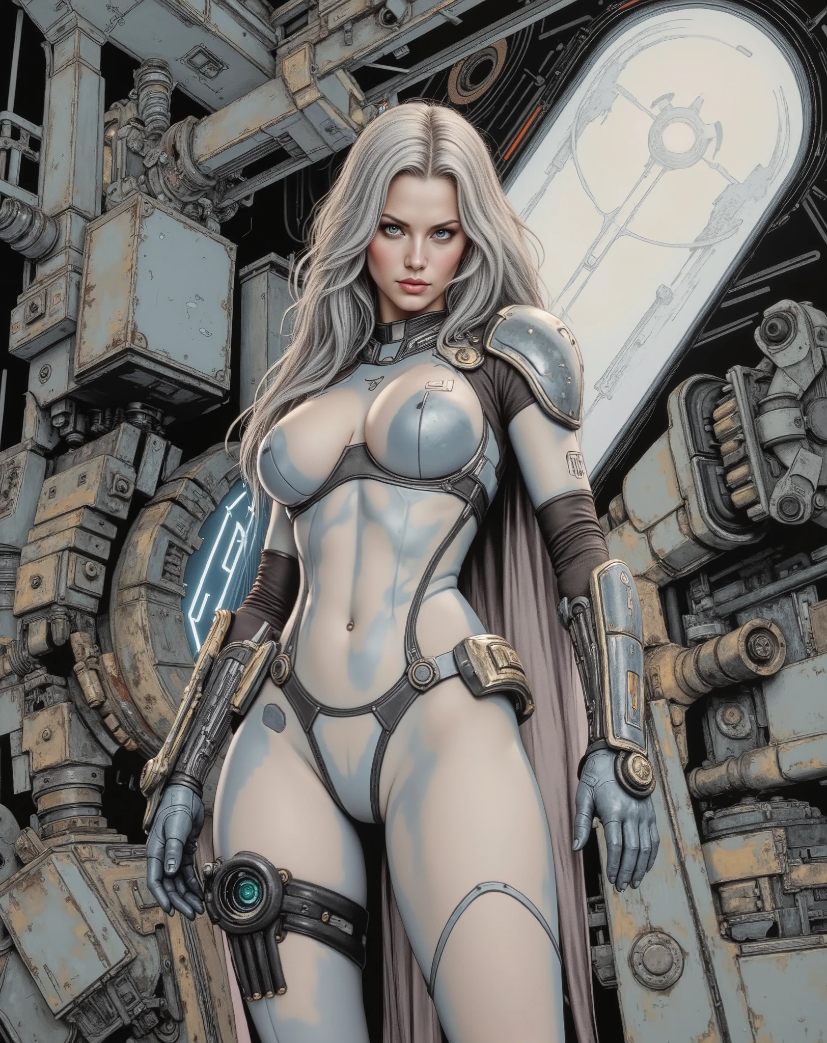(((witchblade))), ((best qualityer)), (((clothes 100% silver))), (((slim))), (Muscles), (((silver suit))), ((Perfect masterpiece)), (detailded: 1.4), (absurdrez), (((long straight hair with modern cut))), (((full body fitness, neckline showing part of the breasts)), (((woman with long cropped hair, blushful))), 21 year old woman, beautiful sexy woman, giant robot pilot, wild with perfect corpo fitness, wearing small battle clothes, tiny thong, Simon Bisley styled for the cover of Heavy Metal magazine, clothing with Japanese graphic patterns, halftone pattern and vertical seams, Silver, exiting the body of a giant robot