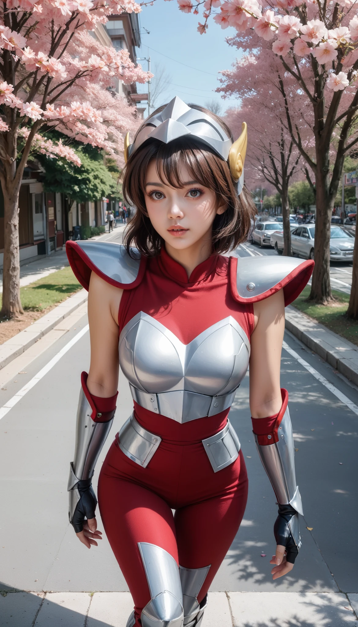 Half-body photo, score_9, score_8_and_above, score_7_and_above, 8K, beautiful face, detailed face, detailed eyelashes, natural makeup, glossy thin lips, walking, outdoors, on a street lined with cherry blossom trees on both sides, large breasts, slim waist, wide hips, 1 girl, realistic, ((intricate)).
1gseiya,germany girl,armor,brown hair,breastplate,fingerless gloves,gloves,helmet,faceless,short hair,red corset,bodysuit,shoulder armor,greaves,armored boots,sleeveless,vambraces,pauldrons,boots,large breasts,
