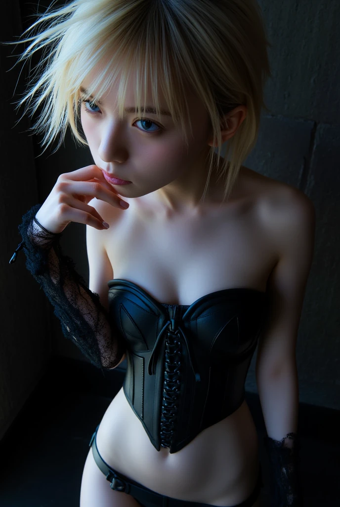 masterpiece, best quality,dutch angle,realistic, super detailed, ultra detailed, extreme detailed, extremely detailed, ultimate detailed, hyper detailed, beautiful eyes, beautiful hair, beautiful face, beautiful skin,full body, slim abs ,shiny skin ,ultra-detailed face, detailed eyes, lustrous lips,nsfw(1girl, solo),18 years old,pubric hair(small body,small breast)amelia watson,blonde hair, blue eyes, choker, short hair, realistic eyes,wet clothes,translucent,transparent,dripping,negligee,garter belt,socks,embarrassed,standing, BREAK holding flower,pison,Prison,gaol,underground,dark,