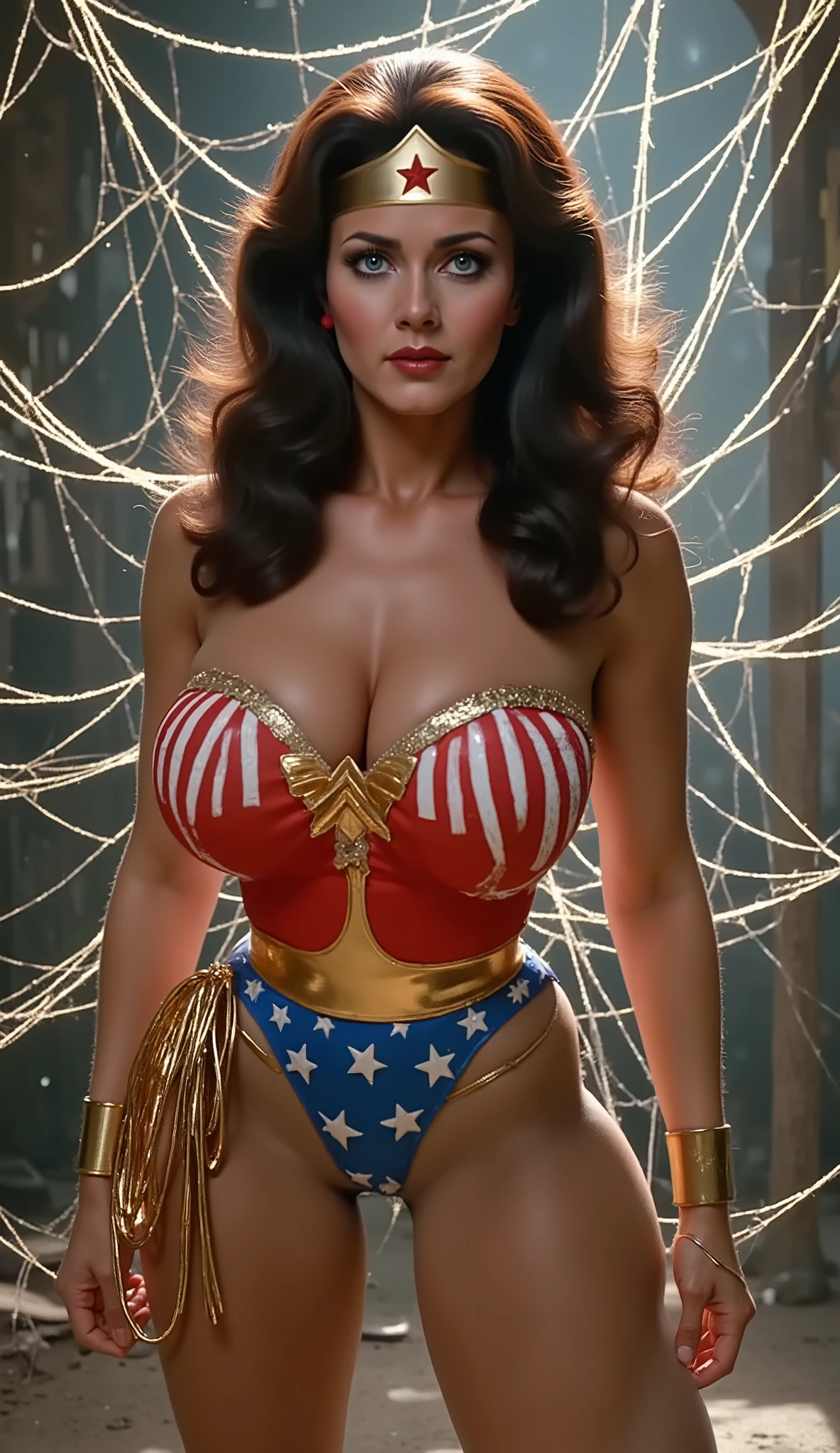 (TRAPPED AND HELPLESS INSIDE A GIANT SPIDER WEB) A SEXY LYNDA CARTER AS THE ICONIC 1960 WONDER WOMAN, WEARING A LATEX WONDER WOMAN COSTUME, LATEX PATRIOTIC BLUE SKIRT. A TRI-COLOR PATRIOTIC CAPE. HER GOLDEN LASSO ATTACHED TO THE SIDE OF HER HIP. CRYSTAL CLEAR ART, CELAN CRISP ART, 4K, 8K, MILLIONS OF TEXTURES AND DETAILS. SAVING THE WORLD.