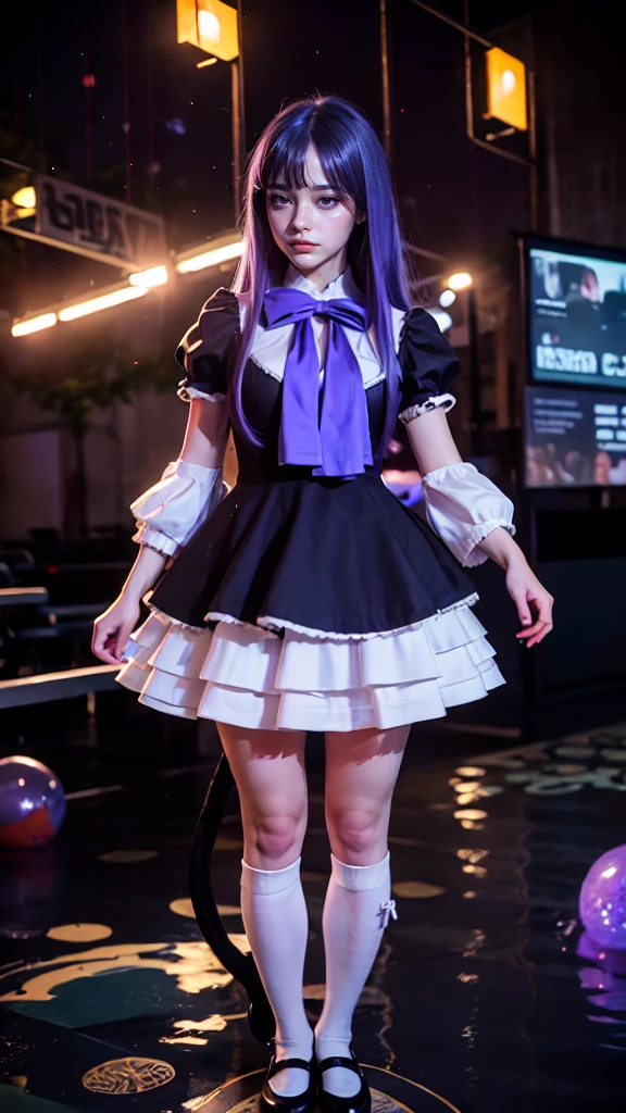 (masterpiece),best quality, frederica bernkastel,dress, tail bow, cat tail, bowtie, purple eyes, purple hair,mary janes, socks, blank eyes, empty eyes, (raining day:1.2), cloud, street, sidewalk, wet clothes, photorealistic, ((16k photography)), detailed face, ((Best Quality, Masterpiece: 1.3)), Sharp Focus: 1.2, A Beautiful Woman with Perfect Figure: 1.4, Slim Abs: 1.2, (Layered Hairstyle,: 1.2)), Rain: 1.3, Street: 1.2, Wet Body: 1.1, Highly Detailed Face and Skin Texture, Detailed Eyes, Double Eyelids, Big Breasts, Smile, irene1, CGI photography hyper realistic