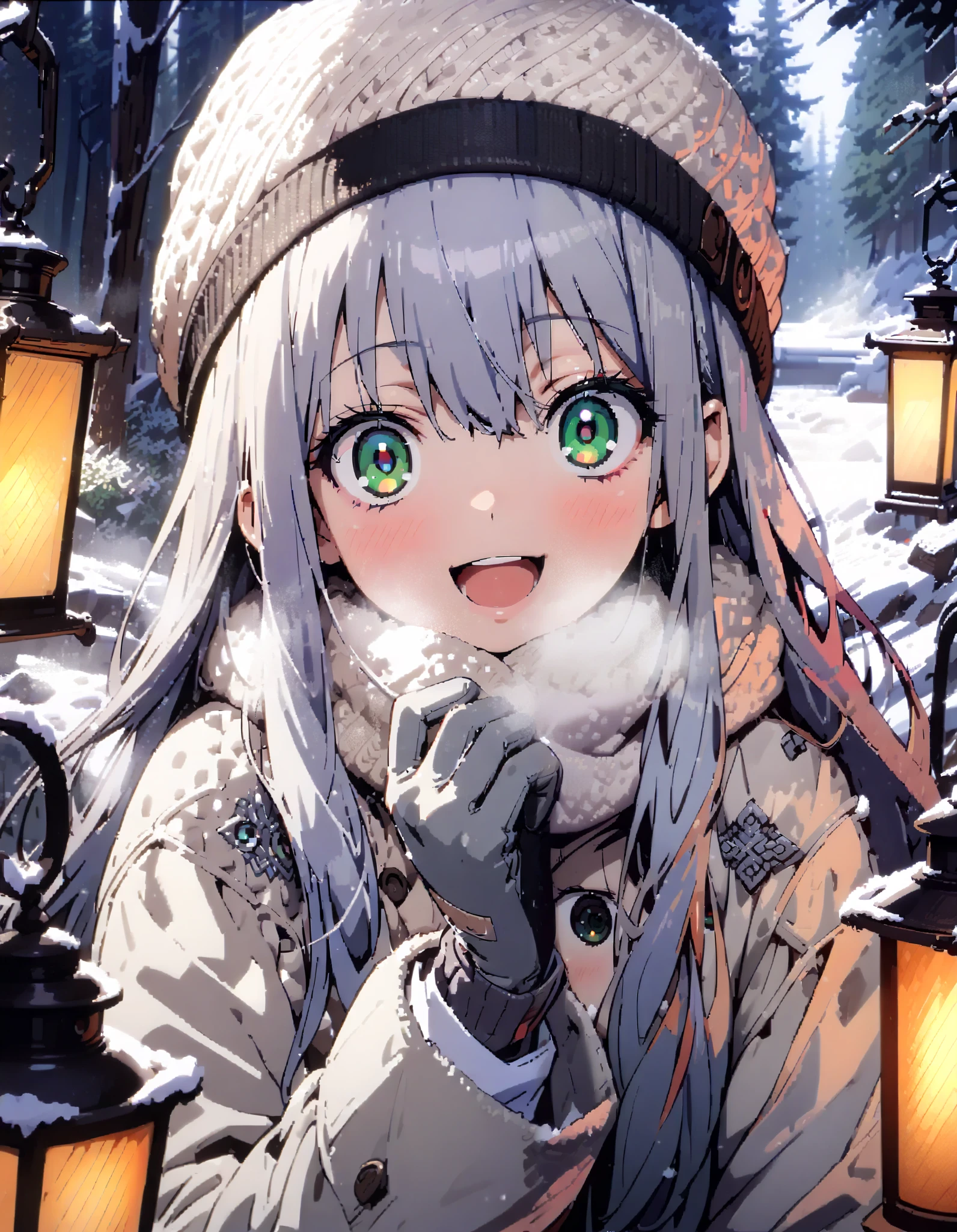 Prohibited bibliography, Green Eyes, Lantern, long hair,smile,blush, open your mouth, White Breath, White Down Coat ,White muffler, knitted hat ,grey gloves ,Black long skirt, boots,morning, standing,snow,whole bodyが illustration に入るように, break outdoors,forest,
break looking at viewer,whole body,
break ( Masterpiece:1.2), top quality, high resolution, unity 8k wallpaper, ( illustration :0.8), ( beautiful detailed eyes:1.6), very detailed face, perfect lighting , Extremely detailed CG, ( Perfect Hands , perfect anatomy),