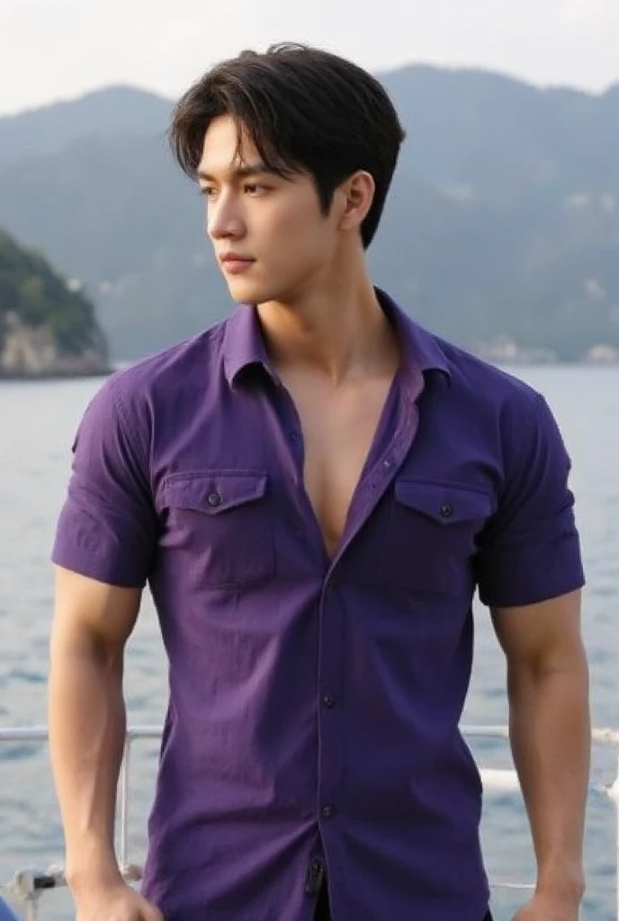 a man in a purple shirt standing on a boat, inspired by Adam Dario Keel, instagram, shin hanga, cai xukun, cottagecore!! fitness body, gofl course and swimming, tourist destination, [ realistic photo ]!!, hiking clothes, wearing tight shirt, 2 0 2 2 photo, avatar image, hwang se - on