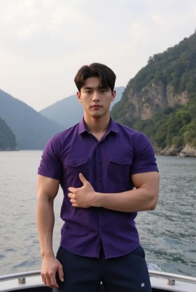a man in a purple shirt standing on a boat, inspired by Adam Dario Keel, instagram, shin hanga, cai xukun, cottagecore!! fitness body, gofl course and swimming, tourist destination, [ realistic photo ]!!, hiking clothes, wearing tight shirt, 2 0 2 2 photo, avatar image, hwang se - on