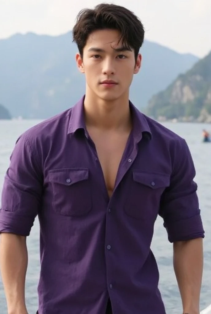 a man in a purple shirt standing on a boat, inspired by Adam Dario Keel, instagram, shin hanga, cai xukun, cottagecore!! fitness body, gofl course and swimming, tourist destination, [ realistic photo ]!!, hiking clothes, wearing tight shirt, 2 0 2 2 photo, avatar image, hwang se - on