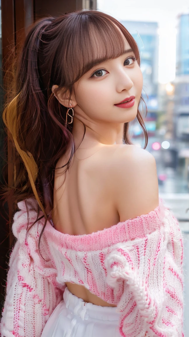 ((((long hair))))、((((brown hair))))、highest quality、8K、HDR、High resolution、background blur、photograph、(intricate details:1.2)、1 girl、solo、japanese girl、beautiful girl、((((medium breasts)))、Perfect for your skin、long eyes、detailed pupil、(pink high neck knit、pink leather skirt、pink high heels、off shoulder)、roof of the building、colorful lights、((night))、hair fluttering、Translucency、Backlight、whole body、from below(beholder)