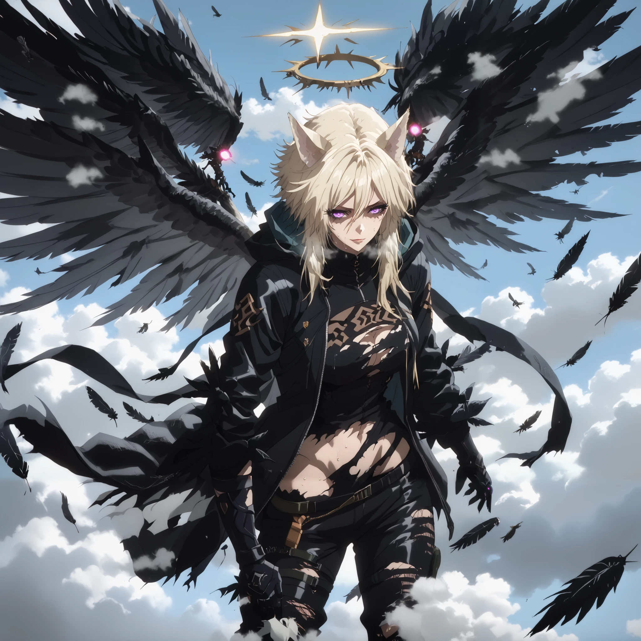 score_9, score_8_up, score_7_up, score_6_up, uncensored, zeta, ((animal ears)), purple eyes, blonde hair, ((large breasts)), anime coloring, anime screencap, BREAK UHD, retina, masterpiece, accurate, anatomically correct, textured skin, super detail, high details, high quality, award winning, best quality, highres, 4K, excessive sweating, sweating, sweating drop, (gasping, heavy breathing:1.3), perfect eyes, beautiful eyes, eyelashes, makeup, detailed body, perfect body, BREAK, 1girl, wings, solo, halo, cloud, ((black_wings)), glowing, torn_clothes, cloudy_sky, torn, sky, jacket, hood, feathered_wings, glowing_eyes, shirt, feathers, pants, angel, black suit, looking_at_viewer, smirk, steaming body, fallings feathers
