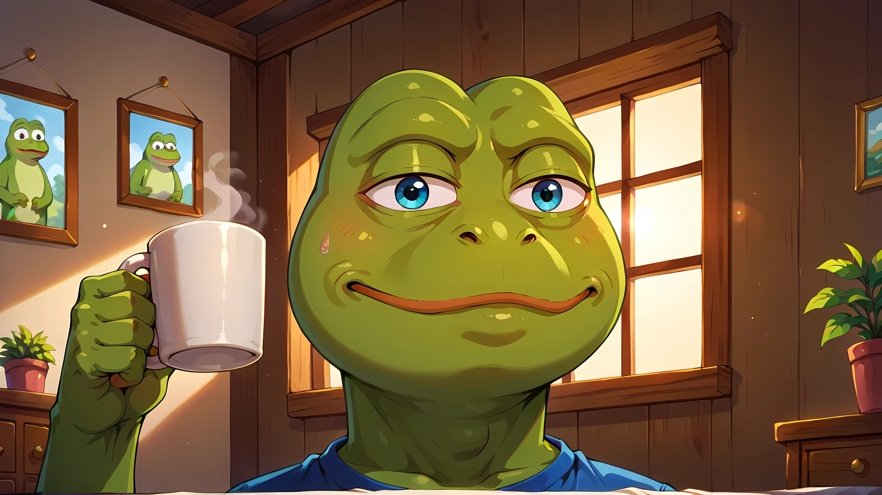 Pepe Frog, close-up, face close up, green skin, maximum detail, Detailed_background, (anthropomorphic frog, classic pepe head, heavy-lidded exhausted eyes, mouth slightly agape), 1boy, authentic morning pepe, disheveled state, dirty dressing gown flowing open, boxer shorts, holding mug of coffee, minimalist dirty small bedroom, scattered clothes shallow depth of field focusing on tired expression, subtle lens flare through window, morning slice-of-life composition, ultra detailed, soft morning lighting, masterpiece